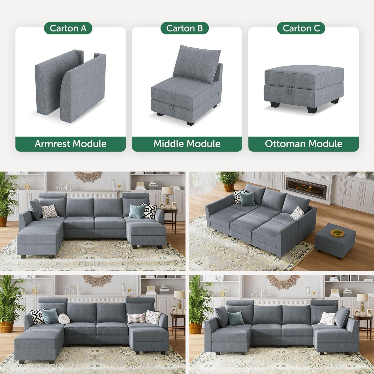 HONBAY Modular Sectional Sofa with Reversible Chaises Sofa with Ottomans U Shaped Sectional Couch for Living Room, Bluish Grey