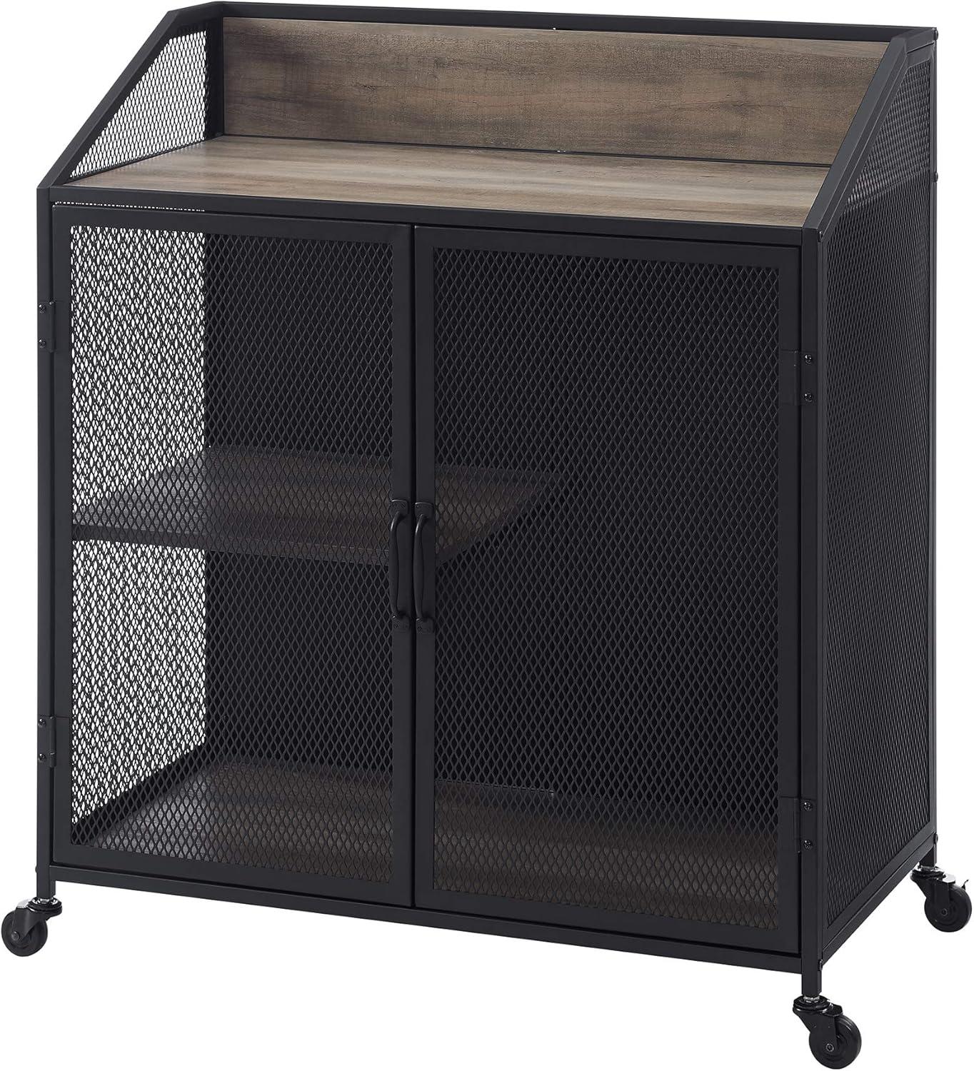 Urban Industrial Grey Wash Metal Mesh Rolling Bar Cabinet