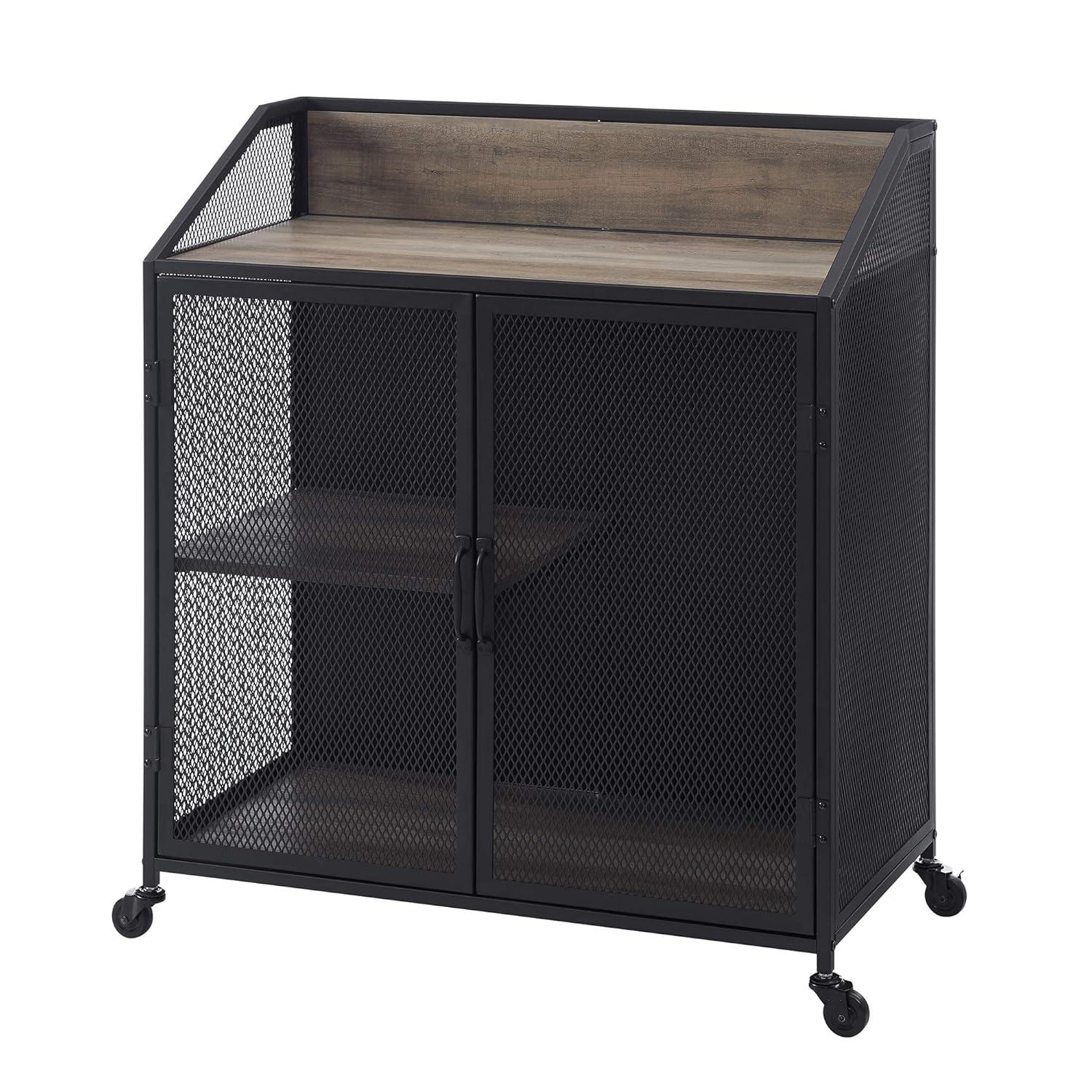 Walker Edison Industrial Bar Cabinet with Wheels, Grey Wash