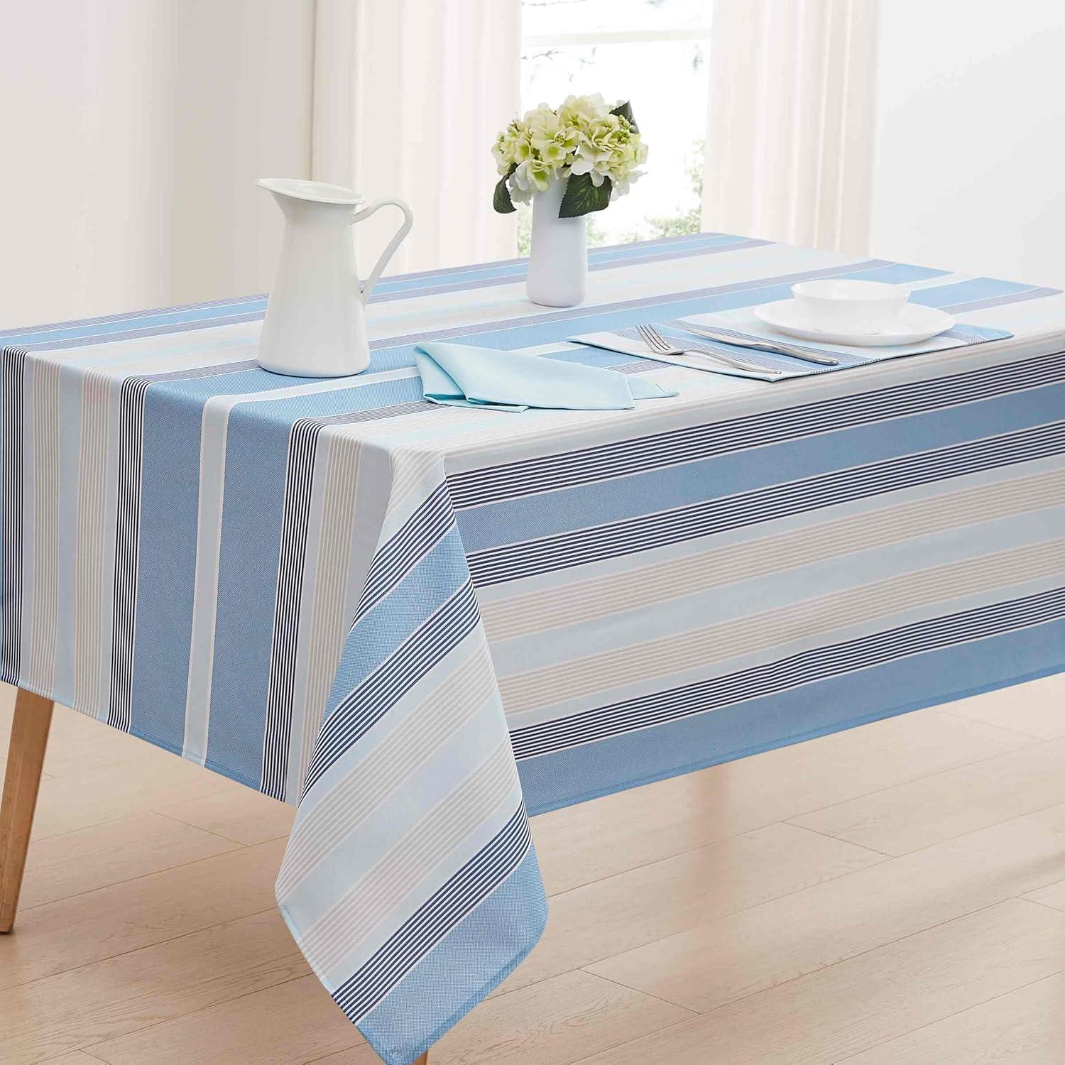 Blue and Pink Striped Water-Resistant Rectangular Tablecloth