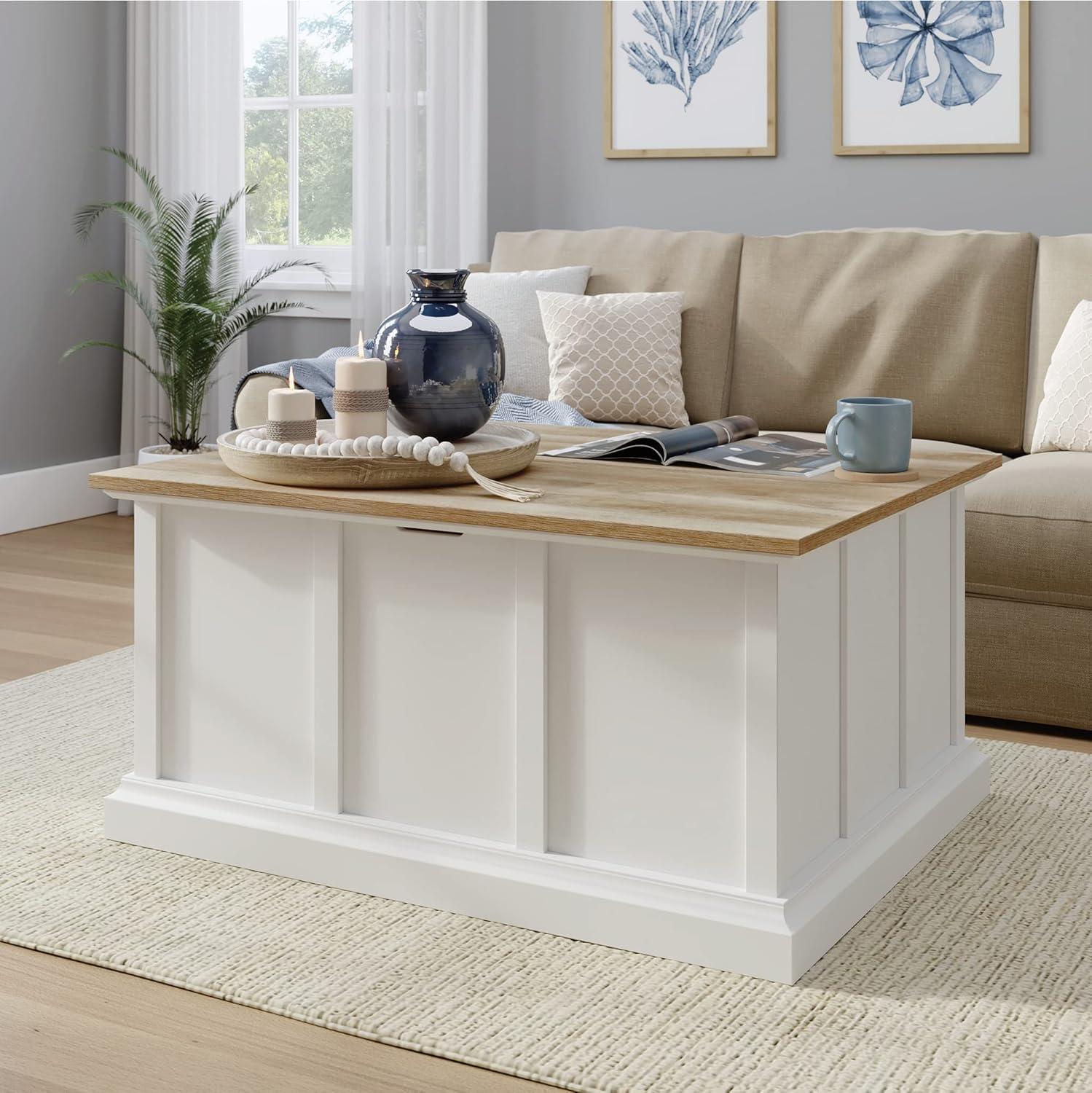 White and Oak Lift-Top Storage Coffee Table with Metal Accents