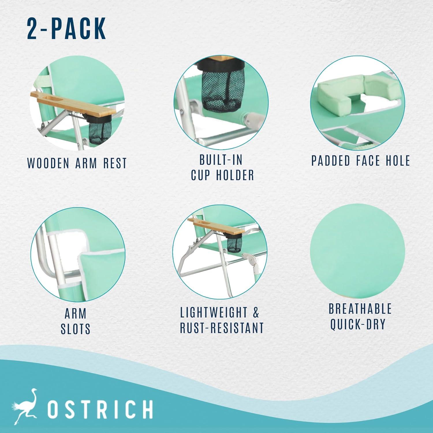 Ostrich Deluxe Padded 3-N-1 Lightweight Portable Adjustable Outdoor Folding Chair for Lawn Beach Lake Camping Lounge with Footrest, Teal (2 Pack)