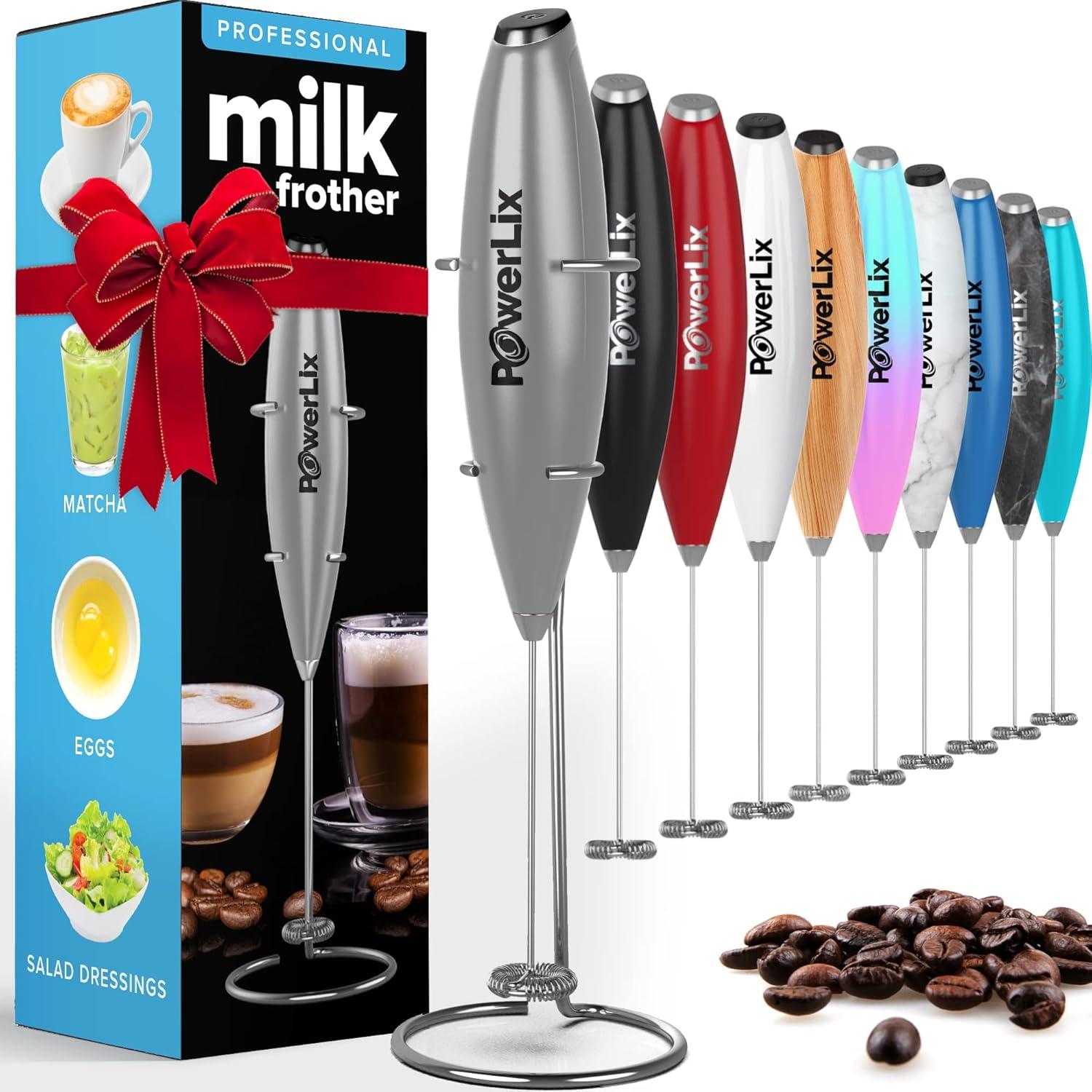 PowerLix Milk Frother Handheld Battery Operated Electric Whisk Foam Maker For Coffee With Stainless Steel Stand Included - Titanium Silver