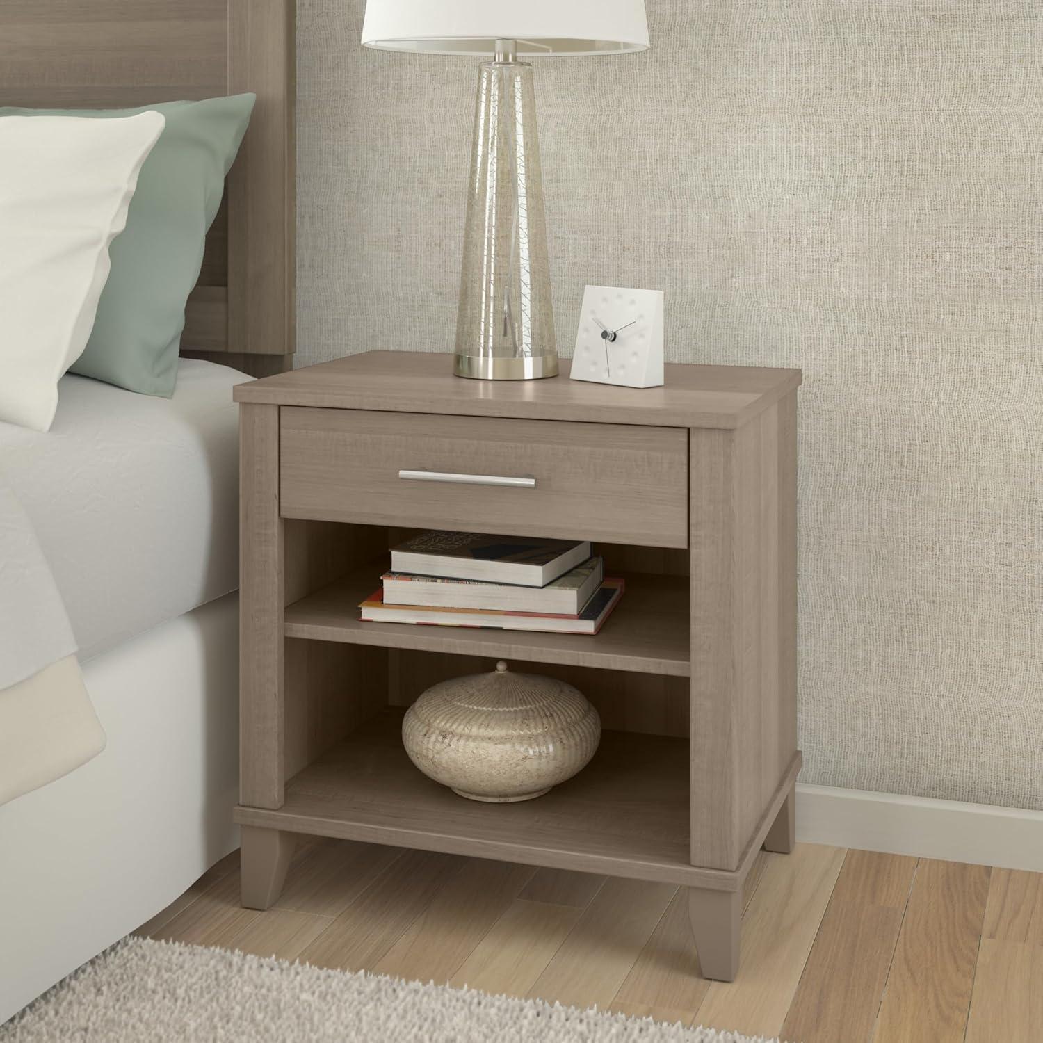 Bush Furniture Somerset Nightstand In Ash Gray: Contemporary Design with Satin Nickel Hardware