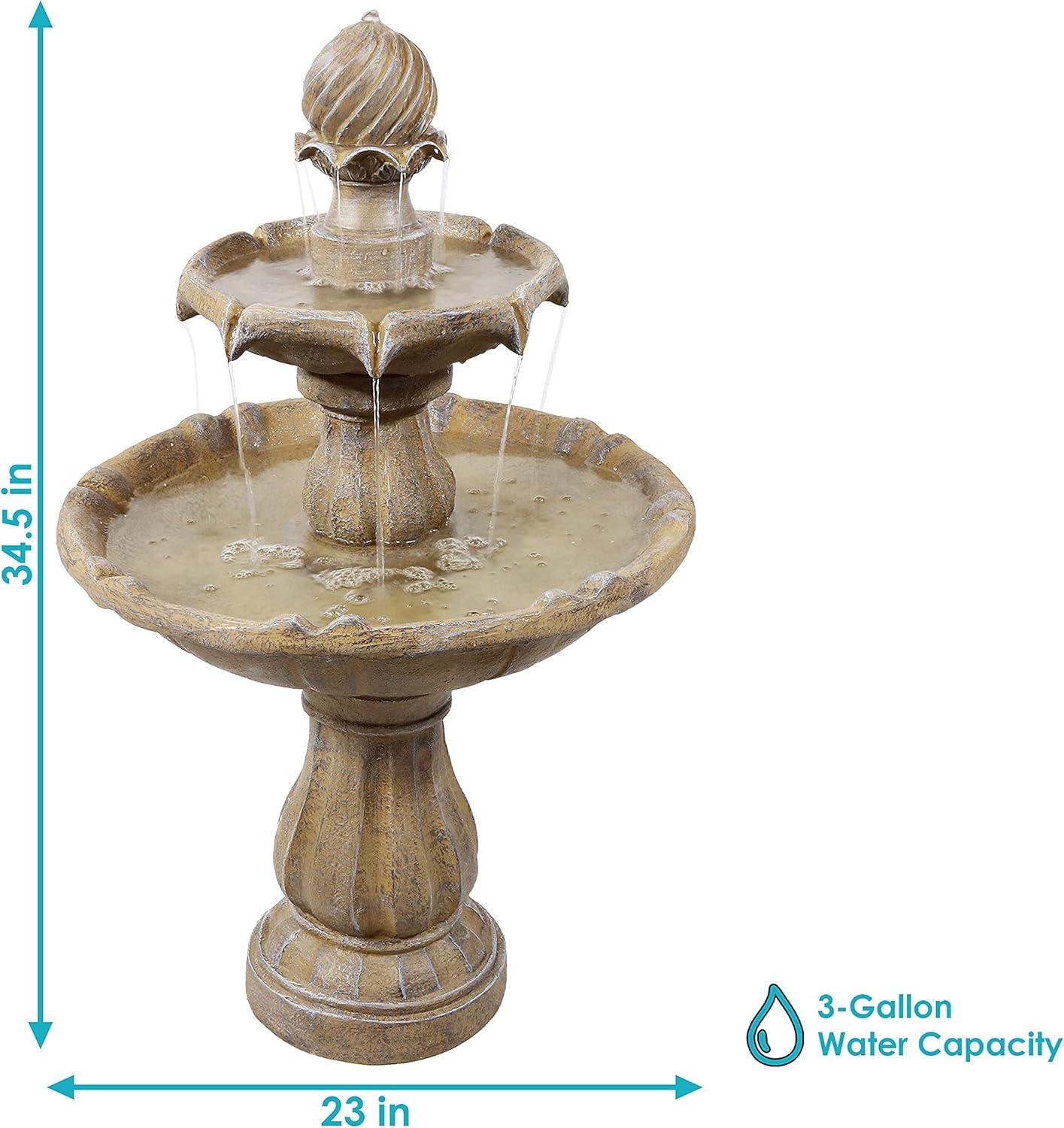 Sunnydaze Outdoor 2-Tier Solar Powered Water Fountain with Battery Backup and Submersible Pump - 35" - Earth Finish