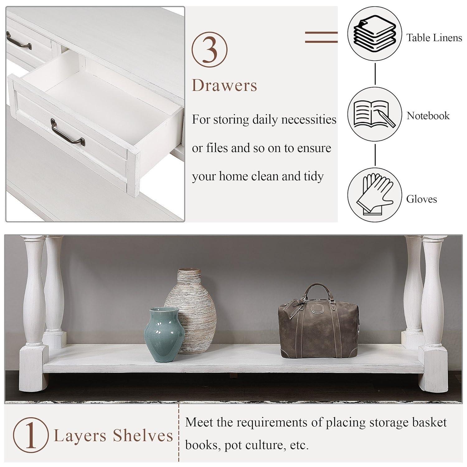 Merax Solid Wood Sofa Table with 3 Storage Drawers, 63 Inch Long Wood Console Table with Bottom Shelf, Retro Entryway Table for Living Room Hallway, Antique White