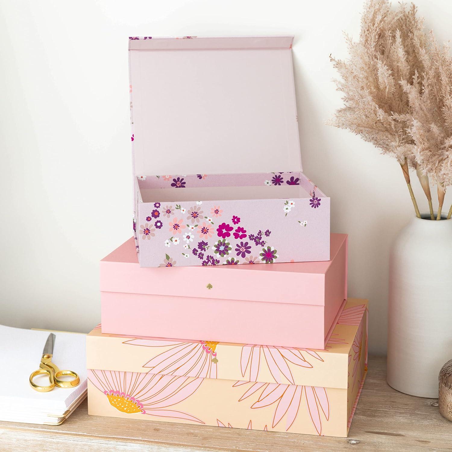 Kate Spade New York Decorative Storage Boxes with Lids, 3 Pack Sturdy Organizer Storage Bins, Includes Small Medium Large Pink Nesting Boxes with Magnetic Closure, Falling Flower