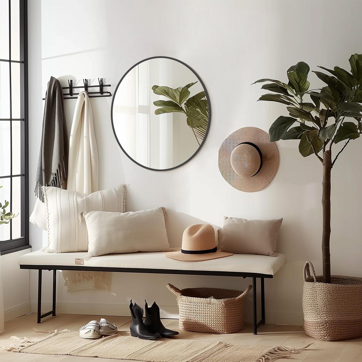 Walnut Round Pine Wood Mirror, 32" Diameter