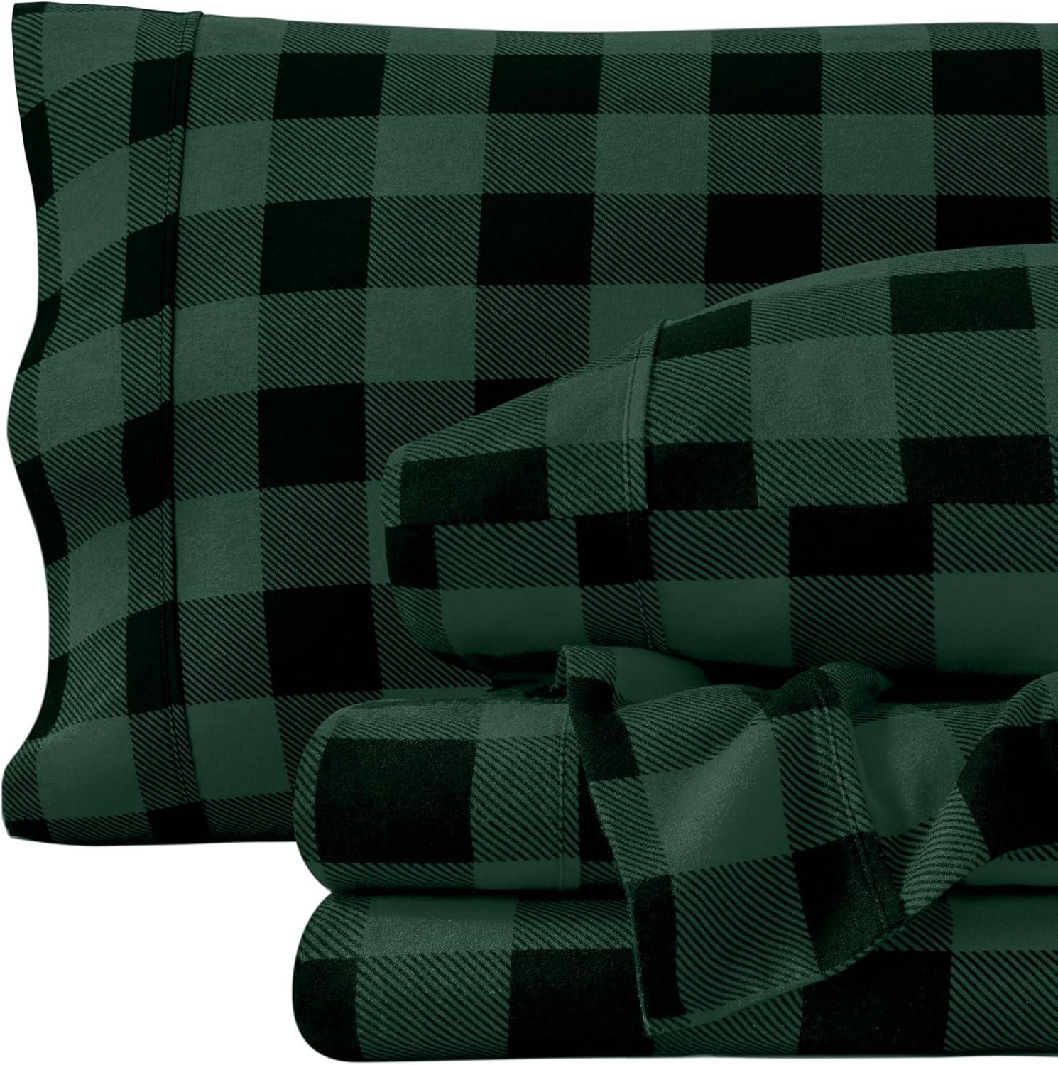 Buffalo Plaid - Forest Green/Black Cotton Flannel California King Sheet Set by Bare Home