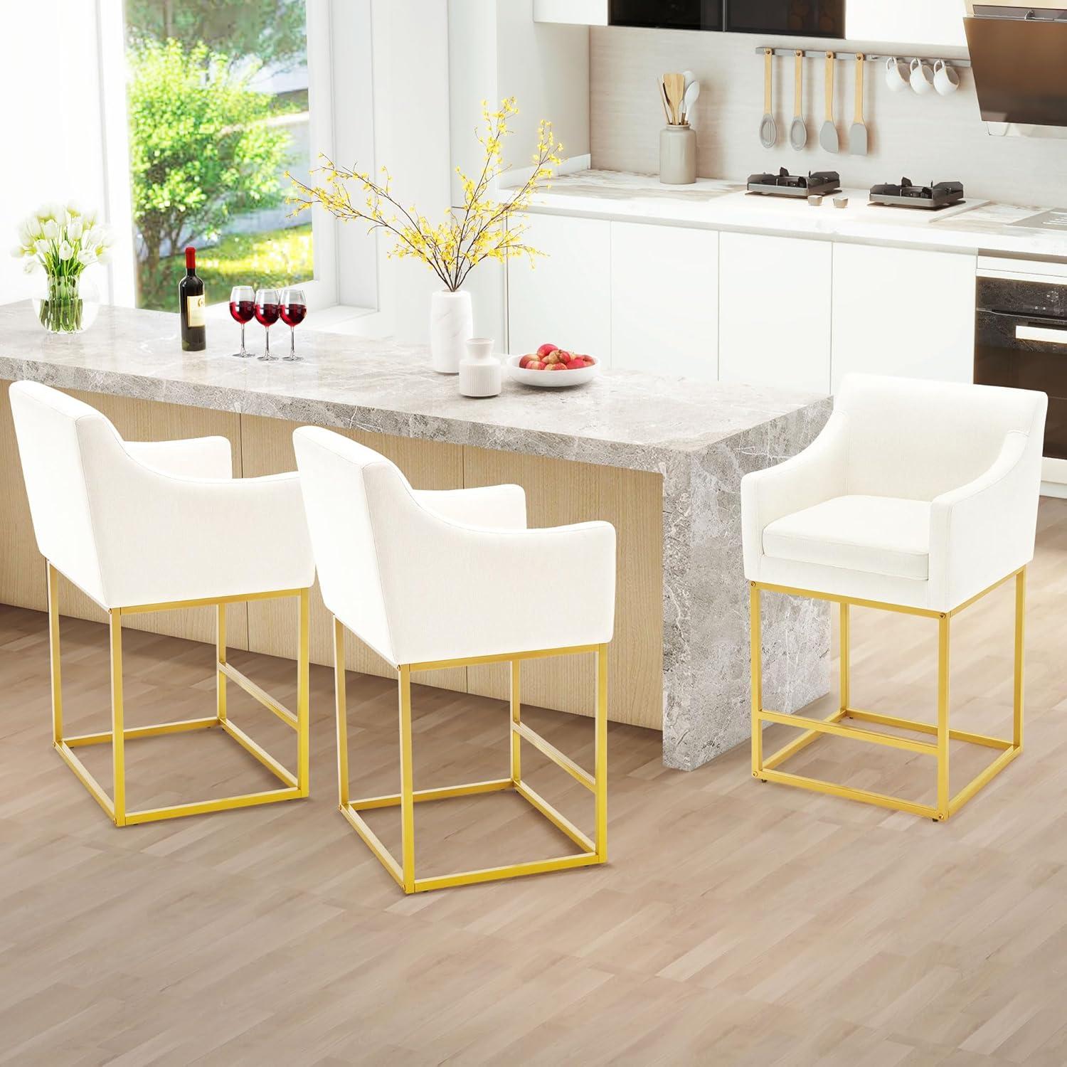 Beige and Gold Metal Frame Counter Height Bar Stools Set