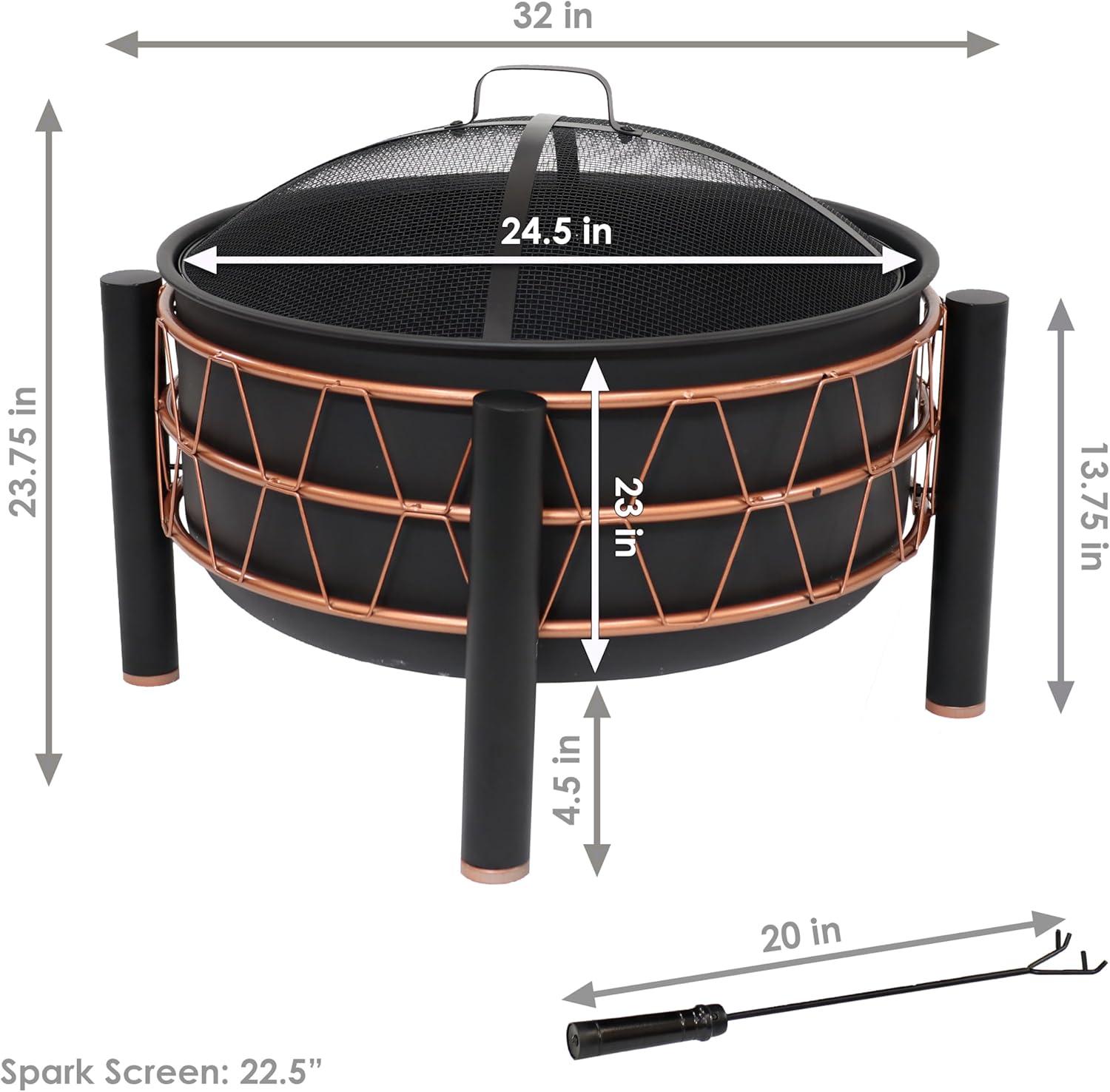 32-Inch Black Steel Fire Pit with Bronze Trapezoid Design