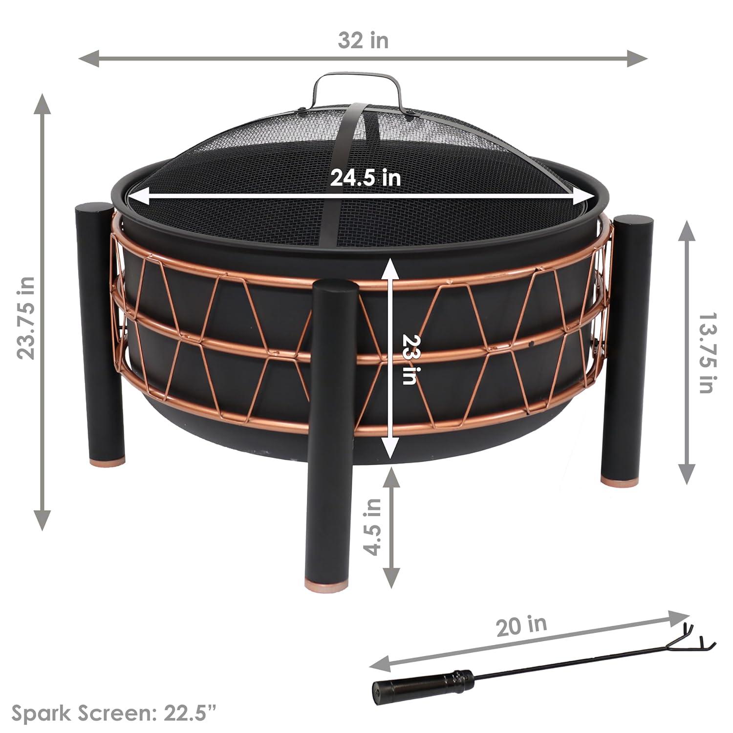 Sunnydaze Steel Fire Pit with Bronze Trapezoid Pattern and PVC Cover - 24.5" Round - Black
