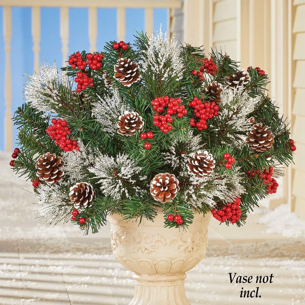 Collections Etc Frosted Pine Branches with Berries and Pinecones - Indoor or Outdoor Winter Decoration