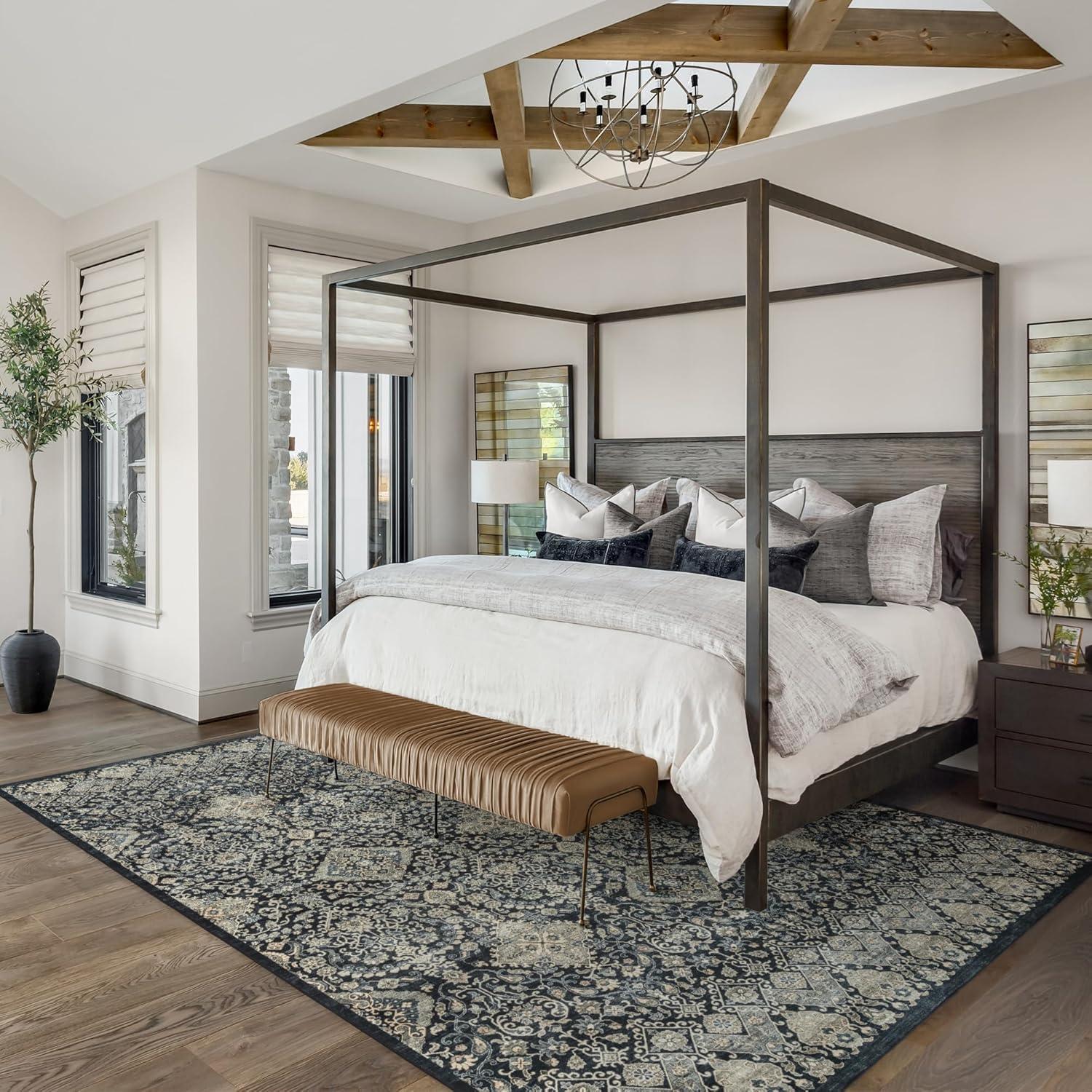 Gertmenian Crystal Print Tanis Anthracite Black Cream Moroccan Bohemian Polyester Washable Flat Pile Indoor Area Rug