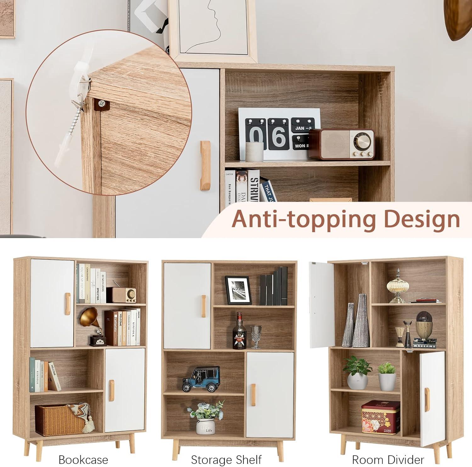 White and Natural Wood Kids Storage Cabinet with Doors