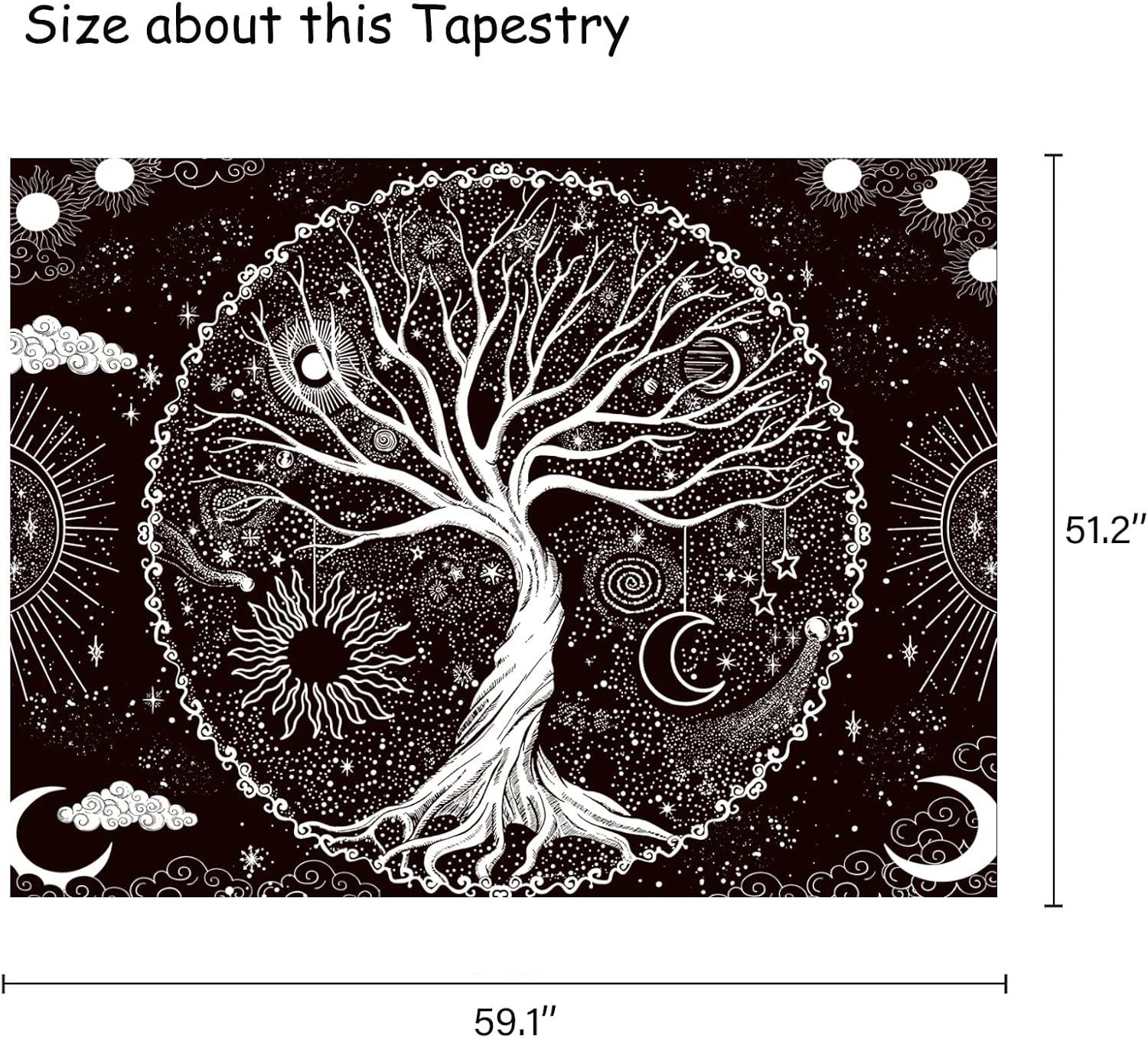 BCIIG Tree of Life Tapestry Wall Hanging Black and White Wishing Tree Galaxy Space Sun & Moon Tapestry Psychedelic Mystical Aesthetics Wall Hanging Living Room Bedroom Cosmic Tree