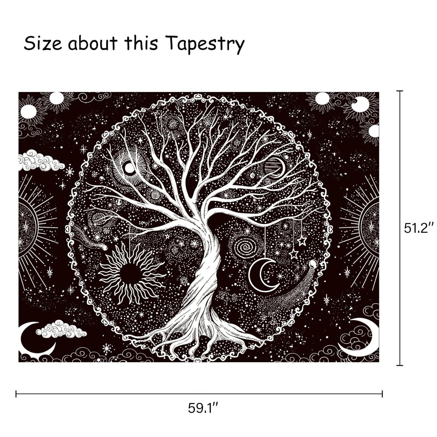 BCIIG Tree of Life Tapestry Wall Hanging Black and White Wishing Tree Galaxy Space Sun & Moon Tapestry Psychedelic Mystical Aesthetics Wall Hanging Living Room Bedroom Cosmic Tree