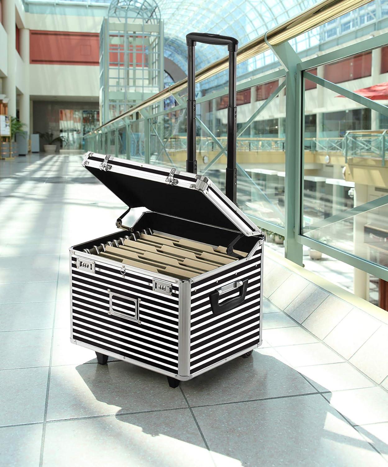 Vaultz Locking Mobile Rolling File Storage Chest, Letter/Legal Wheelie Case, Black/White Stripes
