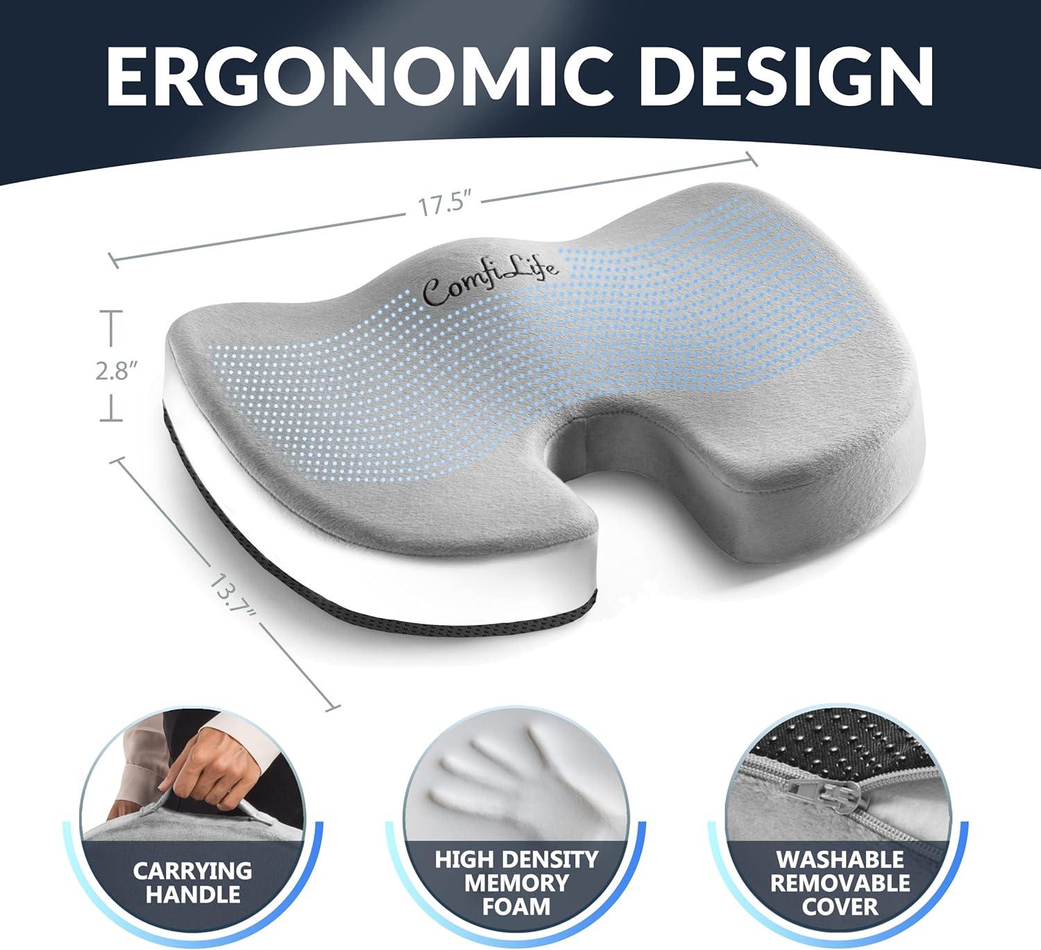 Gel Enhanced Seat Cushion – Office Chair Cushion – Non-Slip Gel & Memory Foam Coccyx Cushion for Tailbone Pain - Desk Chair Car Seat Cushion Driving - Sciatica & Back Pain Relief (Gray)