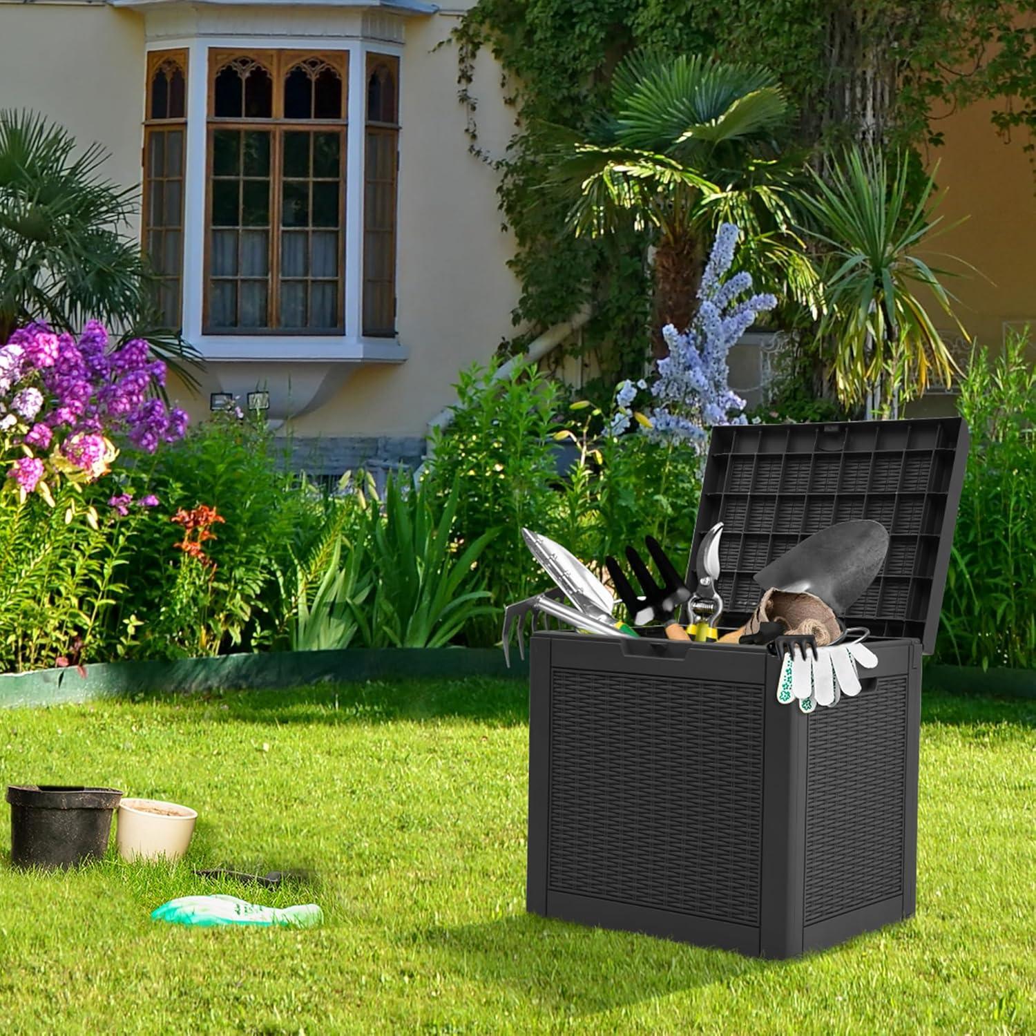 YITAHOME 32 Gallon Rattan Deck Box, Indoor Outdoor Storage Box for Patio Furniture, Pool Accessories, Cushions, Garden Tools, Sports Equipment, Waterproof Resin with Lockable Lid & Side Handles, Black