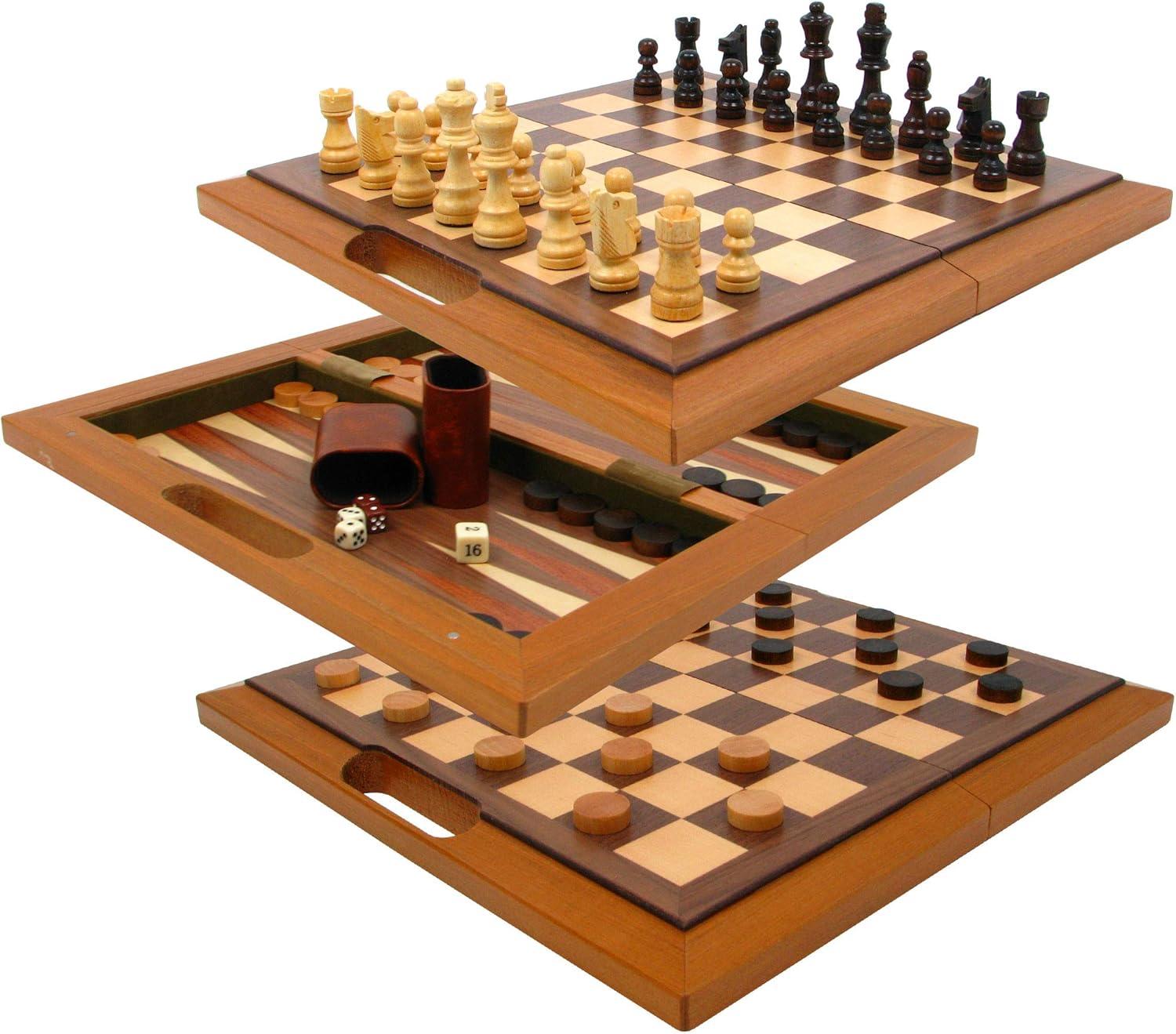 Deluxe Wooden Chess, Checker and Backgammon Set, Brown