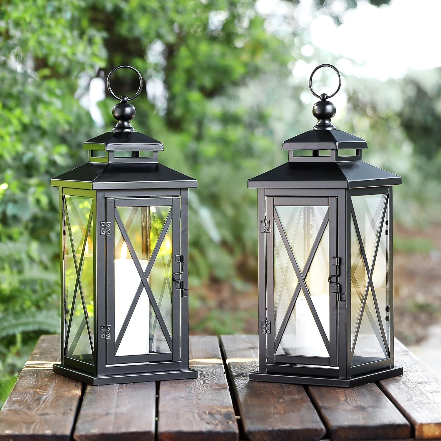 Lirio Black Metal and Glass Hanging Candle Lantern Set