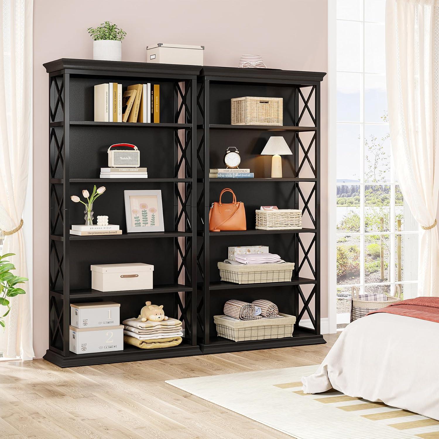 Tribesigns 71" Black 6-Tier Industrial Bookshelf with X Accents