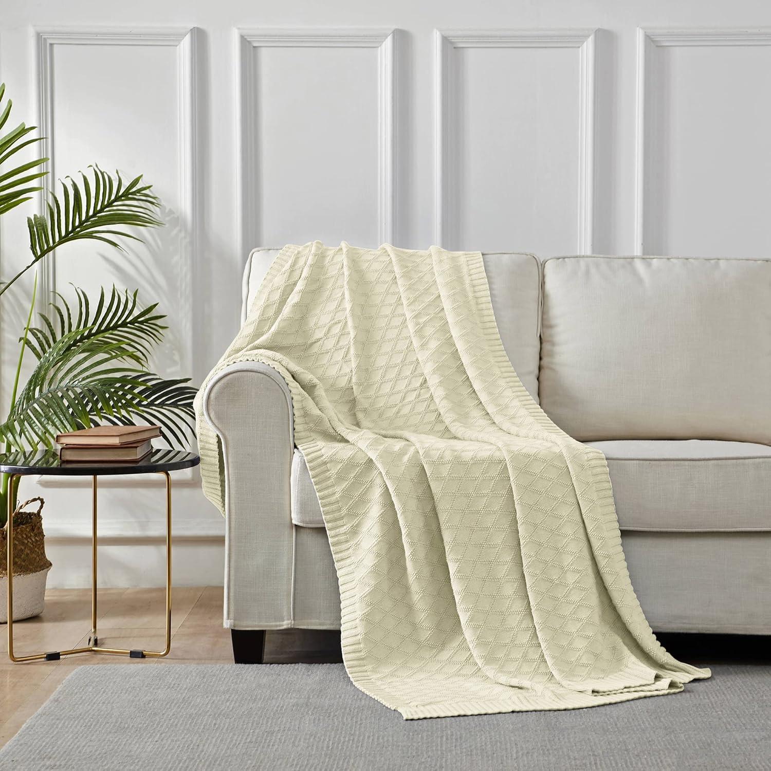 Cream Cotton Cable Knit Throw Blanket 50 x 60 Inches