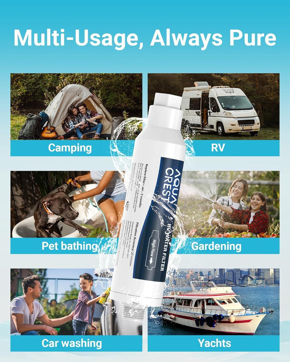 2 PACK, AQUA CREST RV Inline Water Filter with Hose Protector, NSF Certified, Greatly Reduces Chlorine, Bad Taste, Odor in Drinking Water, KDF Filter for RVs and Marines (Packaging May Vary)