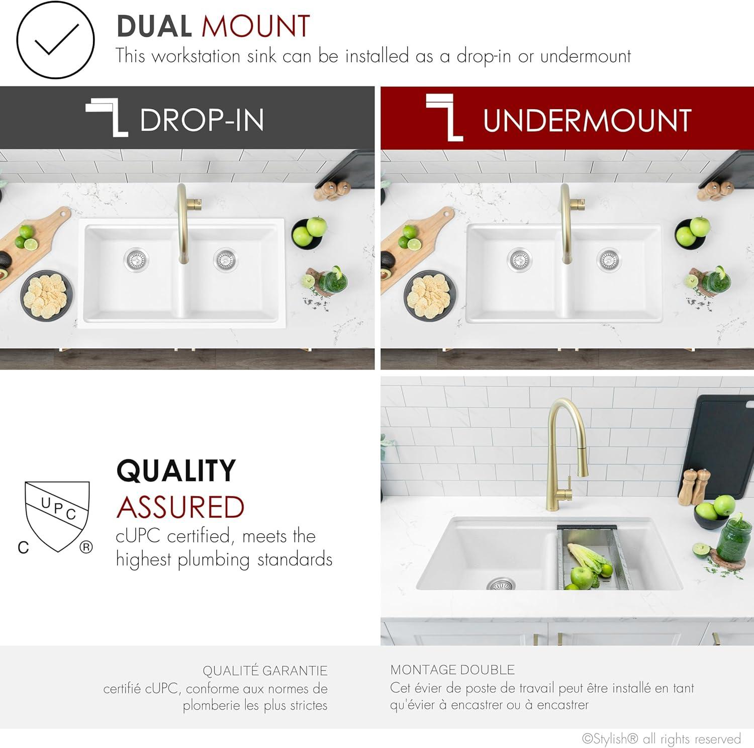 Stylish Pietra Dual-Mount 33" Composite Granite Double Bowl Kitchen Sink