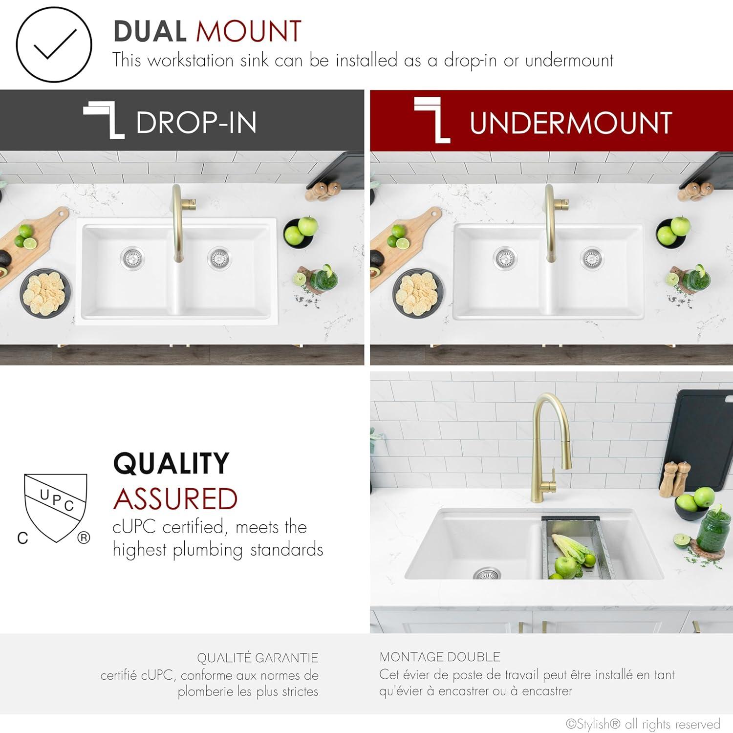 Stylish Pietra Dual-Mount 33" Composite Granite Double Bowl Kitchen Sink