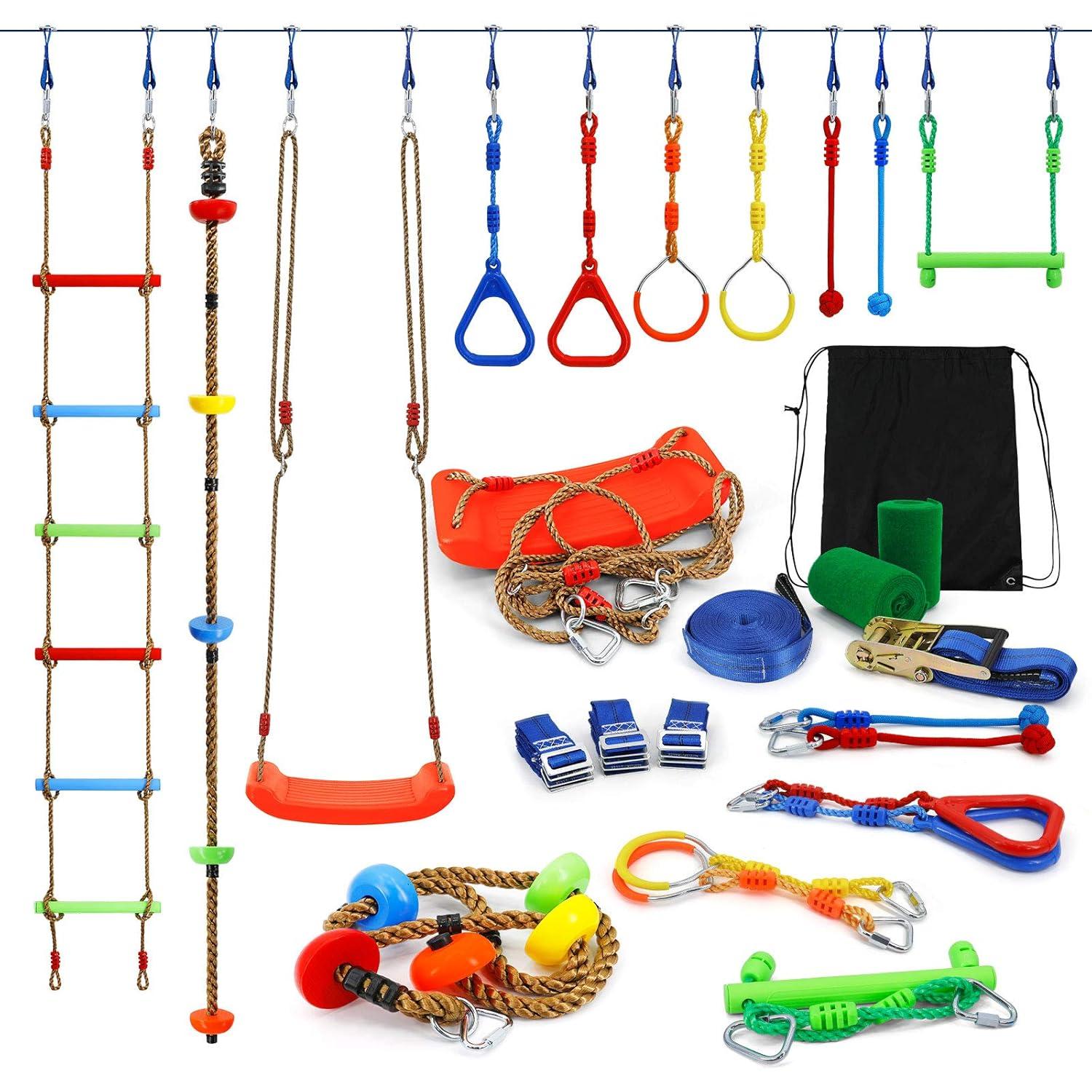 Ninja Warrior Obstacle Course Kit for Kids Ninja Slackline with 10 Accessories Monkey Bars, Ladder, Climbing Rope, Gym Rings, Swing, Monkey Fist for Backyard Training Equipment