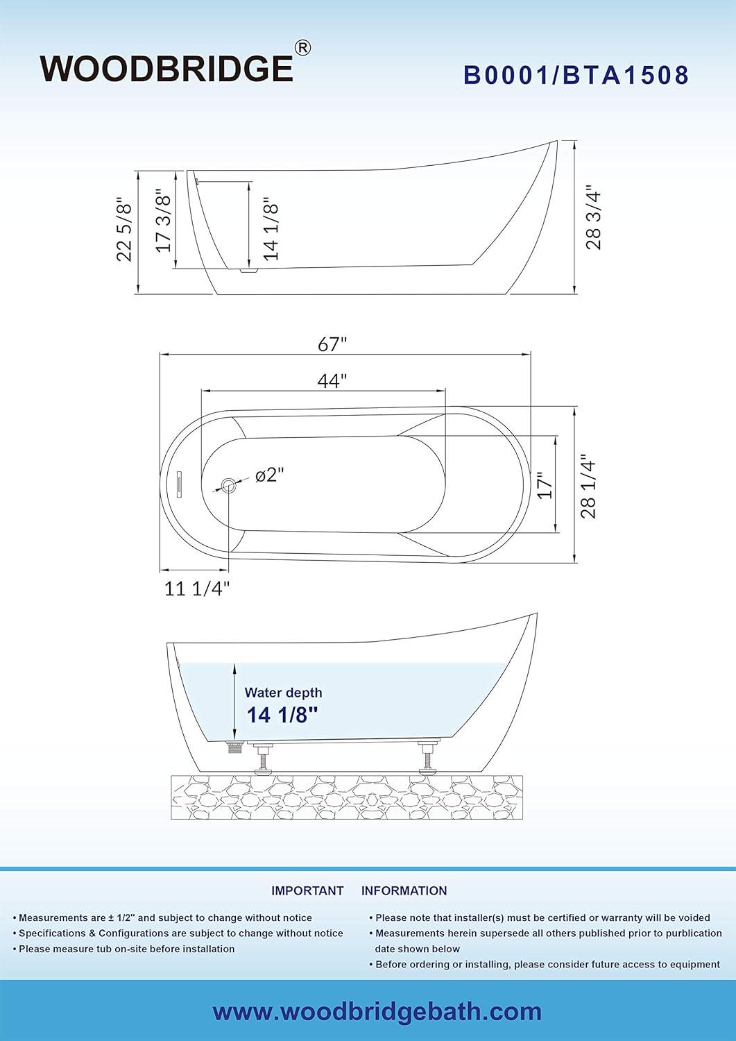 WoodBridge 67'' x 31.5'' Freestanding Soaking Acrylic Bathtub W-B0010-BG