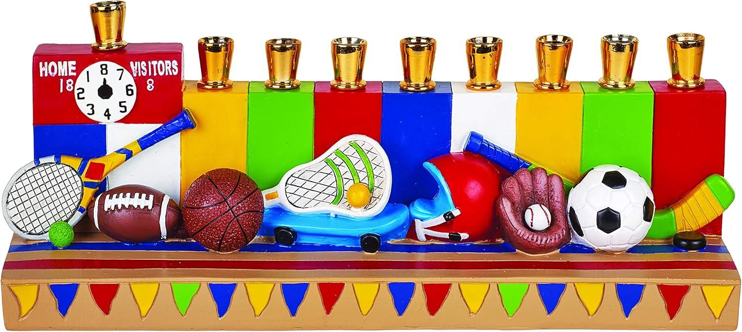 Aviv Judaica Hanukkah Sports Menorah for Kids Polyresin Chanukah Candles Menorah for Children 3D Sculptured Boys & Girls Ball Games Hanukkiah Baseball Hanukkiah Basketball Chanukiah Football Minorah