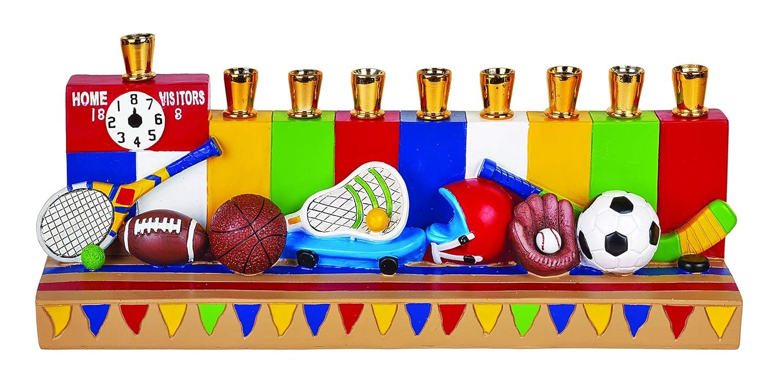 Aviv Judaica Hanukkah Sports Menorah for Kids Polyresin Chanukah Candles Menorah for Children 3D Sculptured Boys & Girls Ball Games Hanukkiah Baseball Hanukkiah Basketball Chanukiah Football Minorah