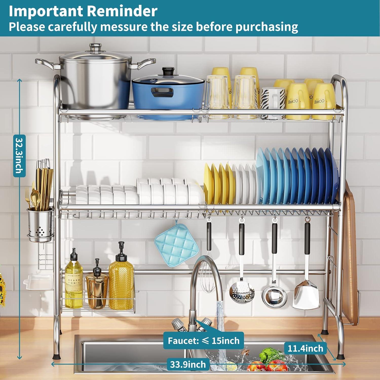 Over The Sink Dish Drying Rack, 2-Tier Stainless Steel Large Over The Sink Dish Rack with Utensil