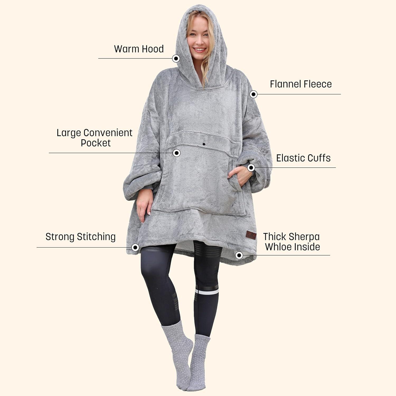 Catalonia Oversized Hoodie Blanket Sweatshirt, Warm Sherpa Giant Pullover with Front Pocket for Men Women
