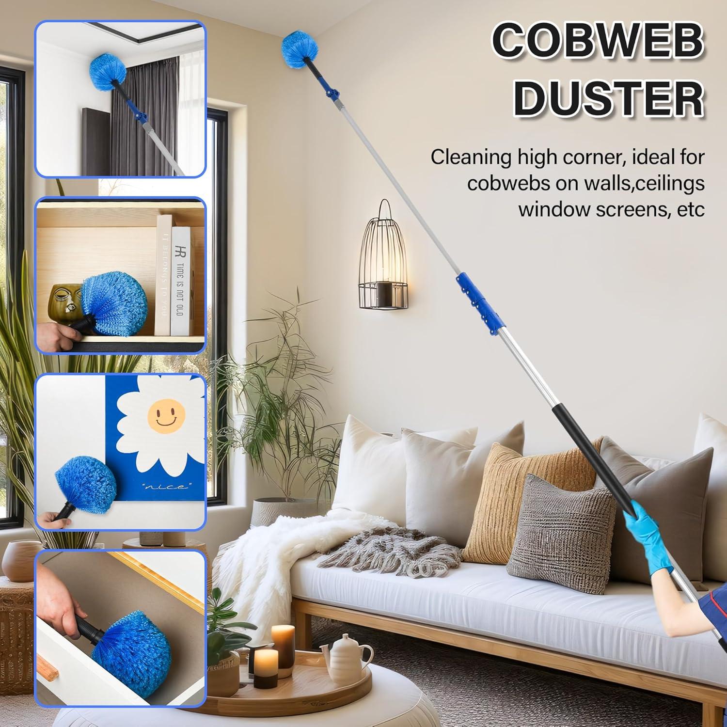 20 Foot High Reach Duster Kit with 5-12FT Telescoping Pole - High Ceiling Dusting and Window Cleaning Kit, Cobweb Duster, Window Washer & Squeegee, Fan Duster and Feather Duster