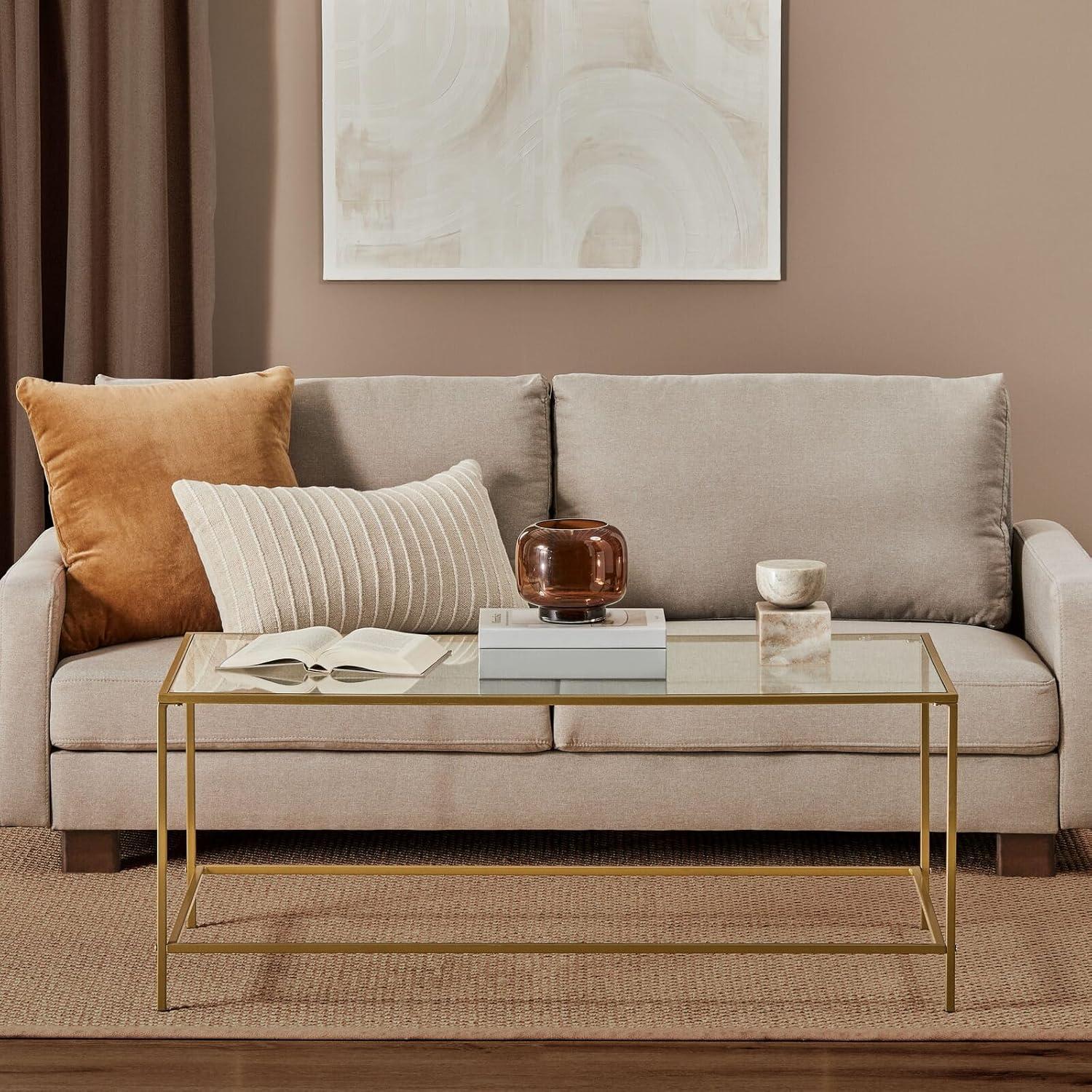 Soft Brass Rectangular Metal and Glass Coffee Table with Storage