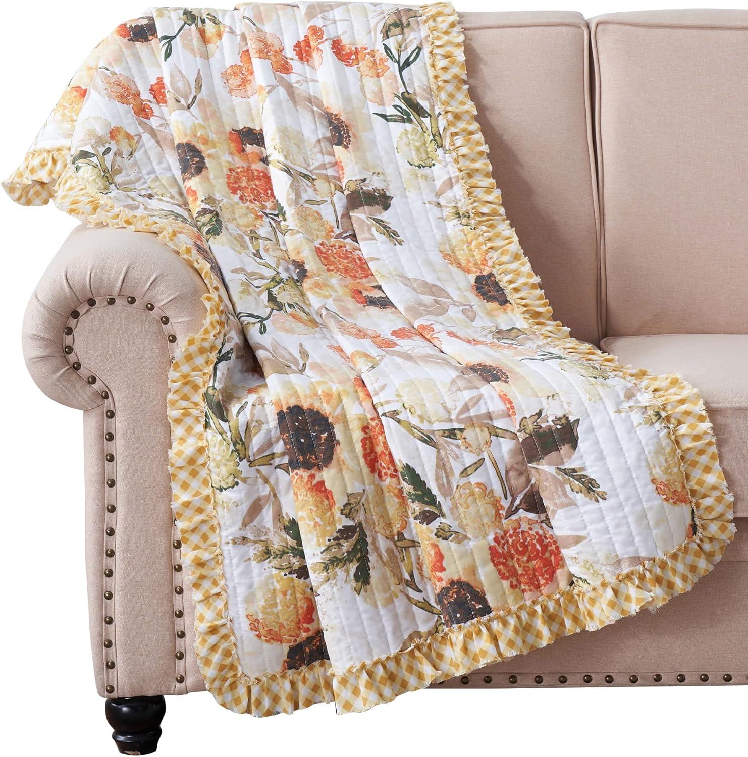Greenland Home Fashions Somerset Sunflower Reversible Quilted Throw with Gingham Ruffles