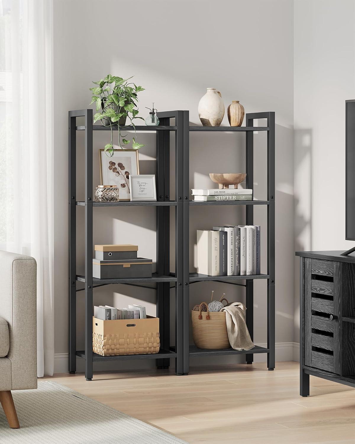 4-Tier Tall Bookshelf, Bookcase with Steel Frame, Book Shelf for Living Room, Home Office, Study, 9.4 x 15.7 x 42.1 Inches, Industrial Style, Ebony Black and Black ULLS099B56