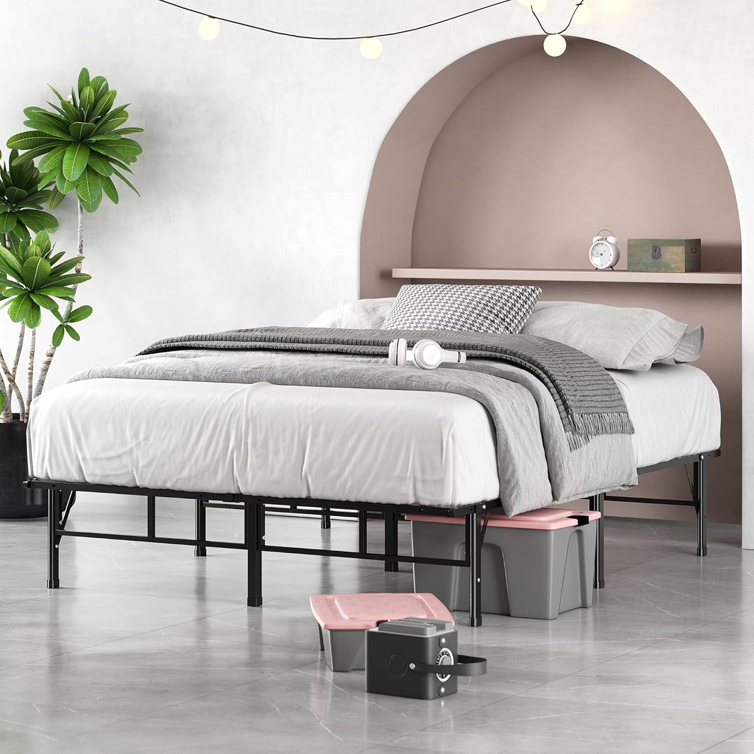 Queen Black Metal Platform Bed Frame with Storage