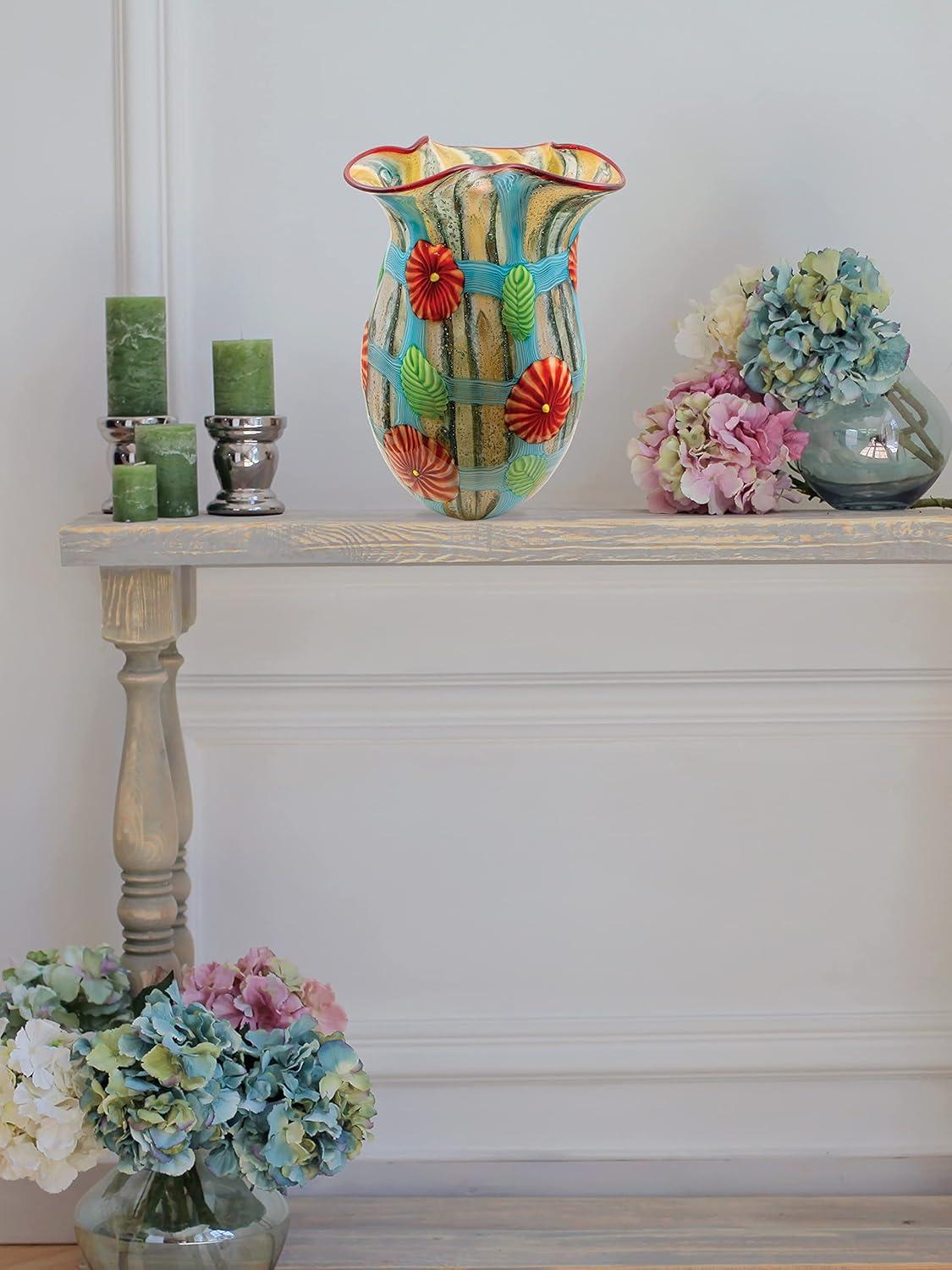 Multicolor Hand Blown Ceramic Vase with Floral Design