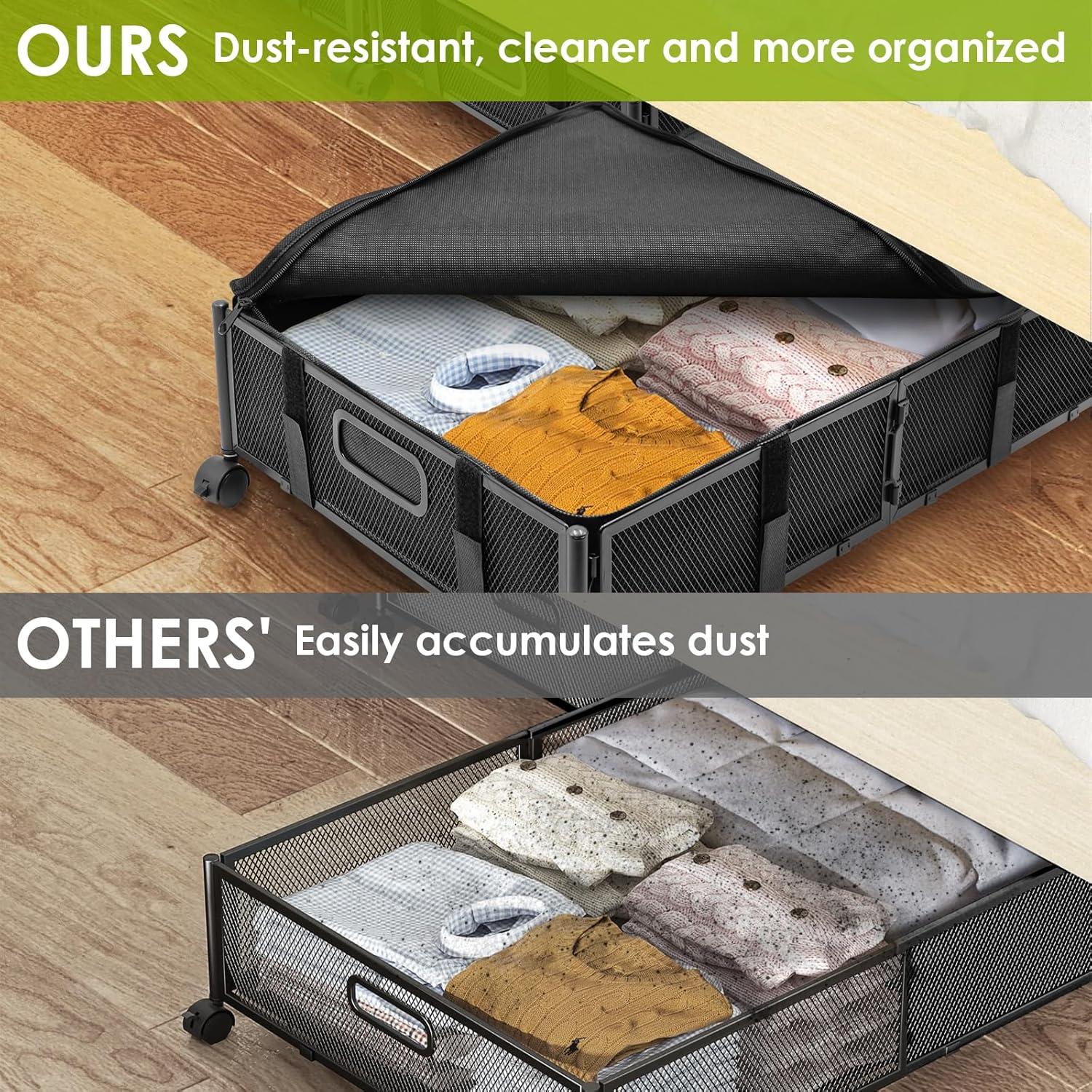 Black Metal Rolling Under Bed Storage Containers with Dust Lids