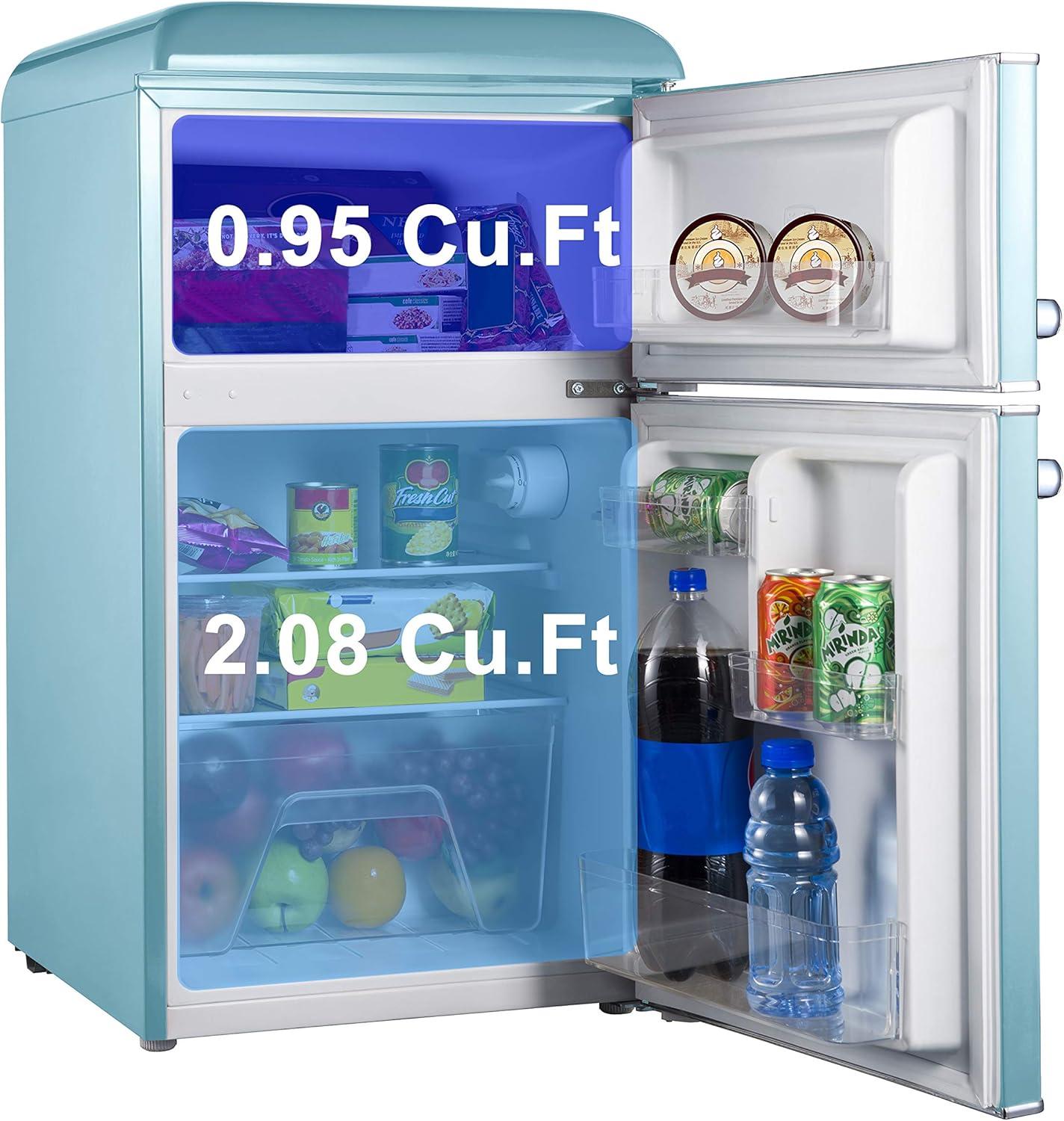 Retro Blue Compact Double Door Mini Fridge with Freezer