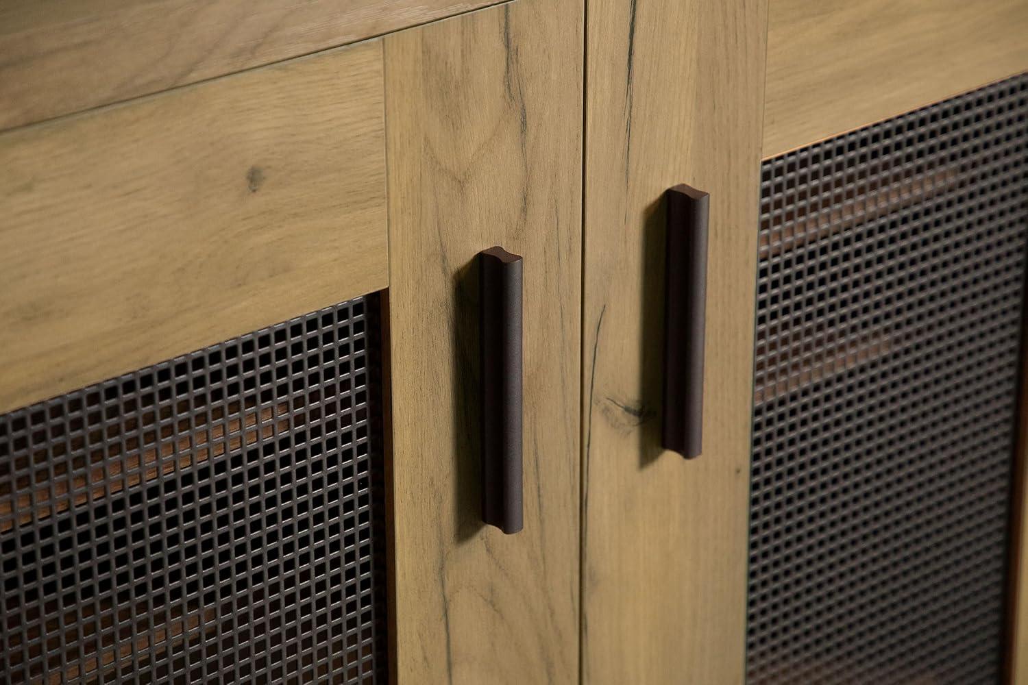 Golden Oak and Gunmetal Mesh Door Accent Cabinet