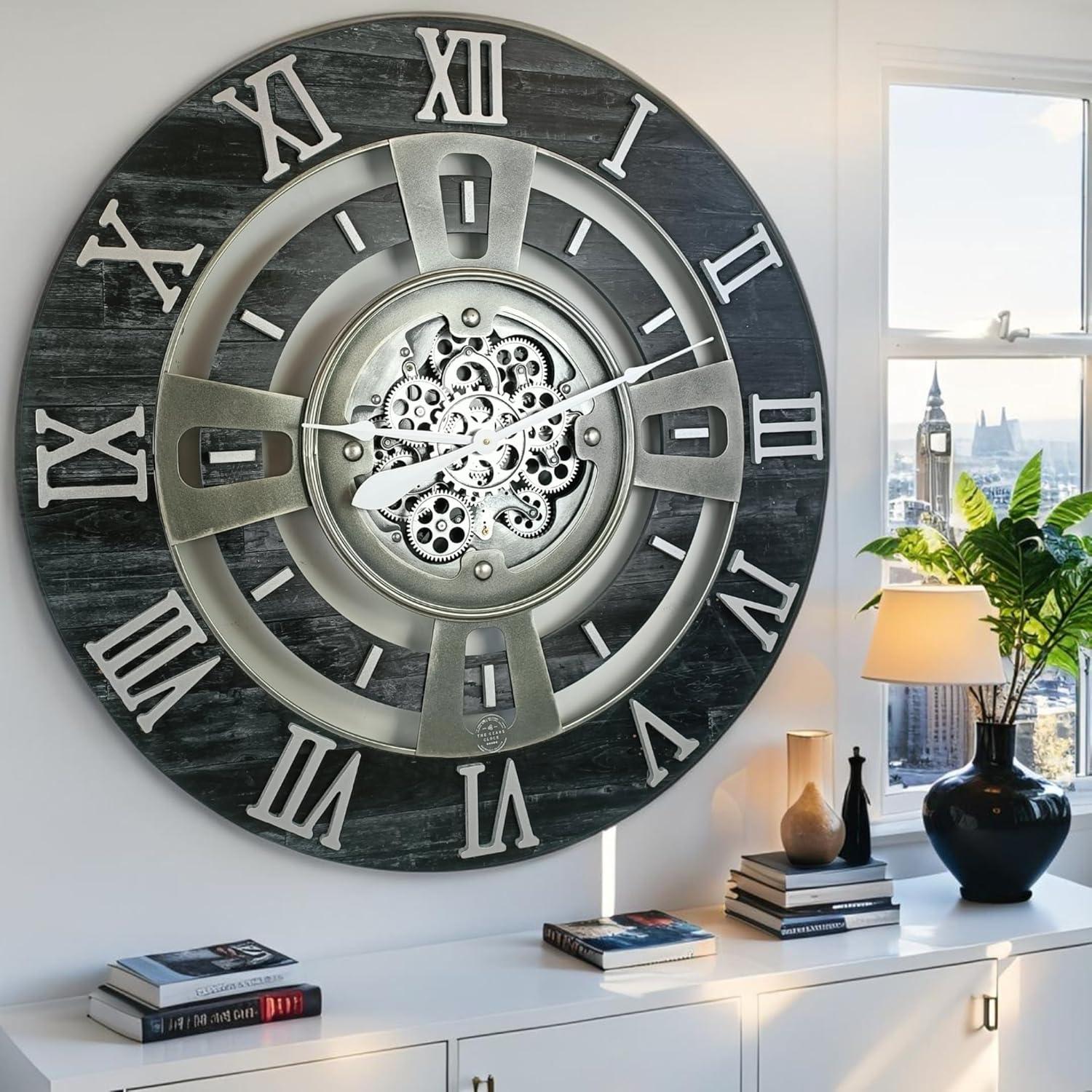 THE GEARS CLOCK Wall Clock with Real Moving Gears EN-LI_ 36 in Round Vintage-Black