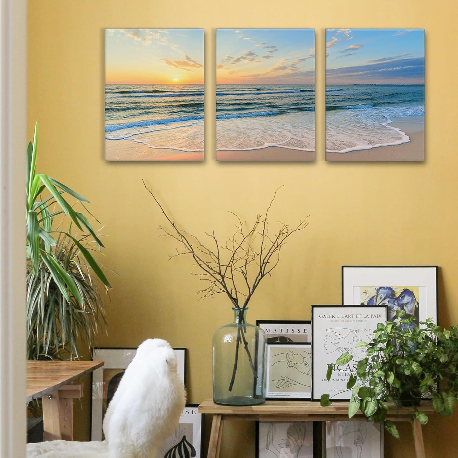 Asdg12s-3 Panel Wall Art Blue Sea Sunset White Beach Painting The Picture Print On Canvas Seascape The Pictures for Home Decor Decoration,Ready to Hang