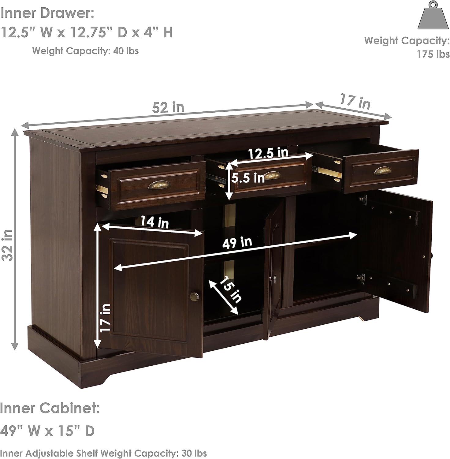 Sunnydaze Sideboard with 3 Drawers and 3 Doors - Solid Pine Construction - Dark Brown- 32"