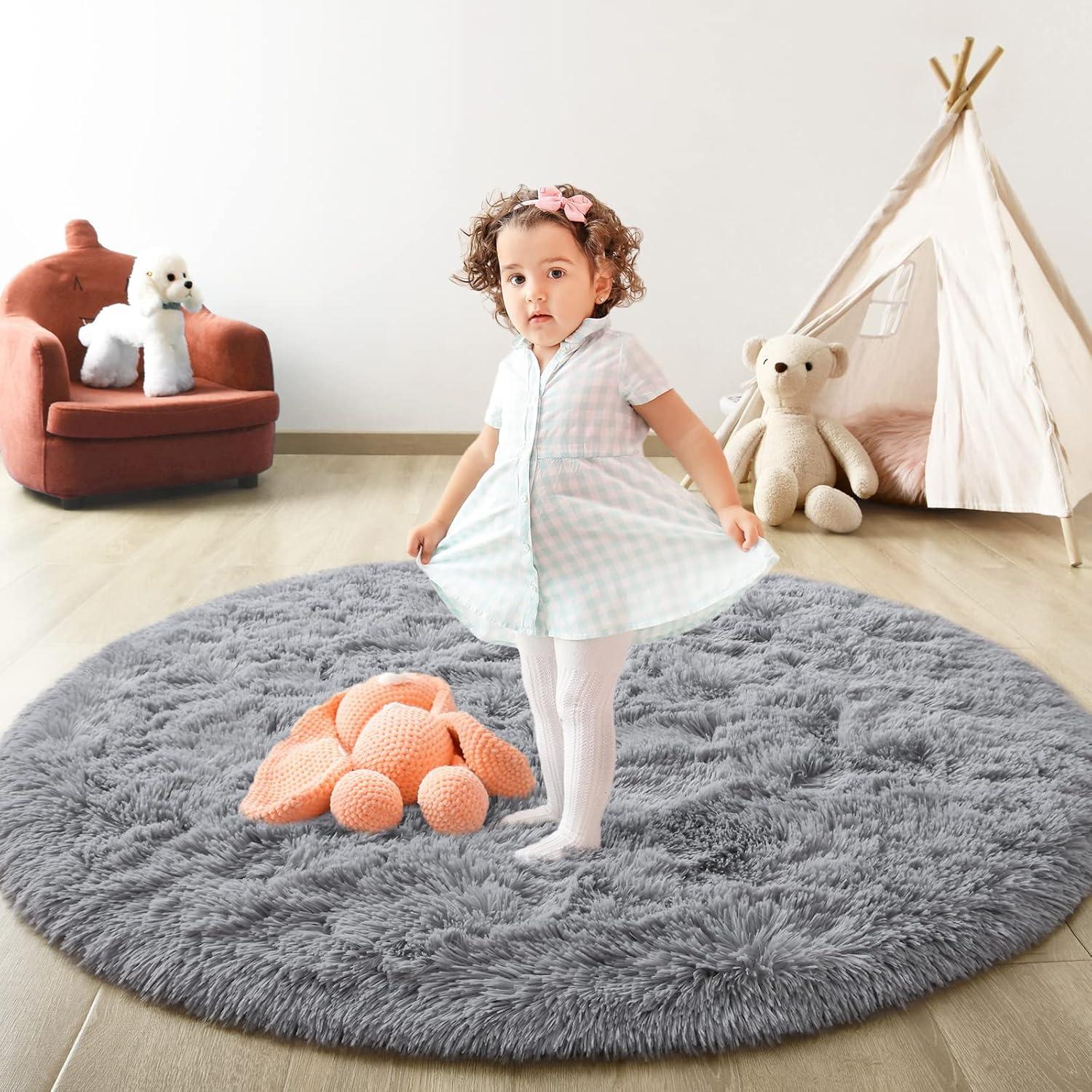 Arogan Luxury Round Fluffy Area Rugs for Bedroom Kids Girls Room Nursery, Super Soft Circle Rug, Cute Shaggy Carpet for Children Living Room, 5ft Gray